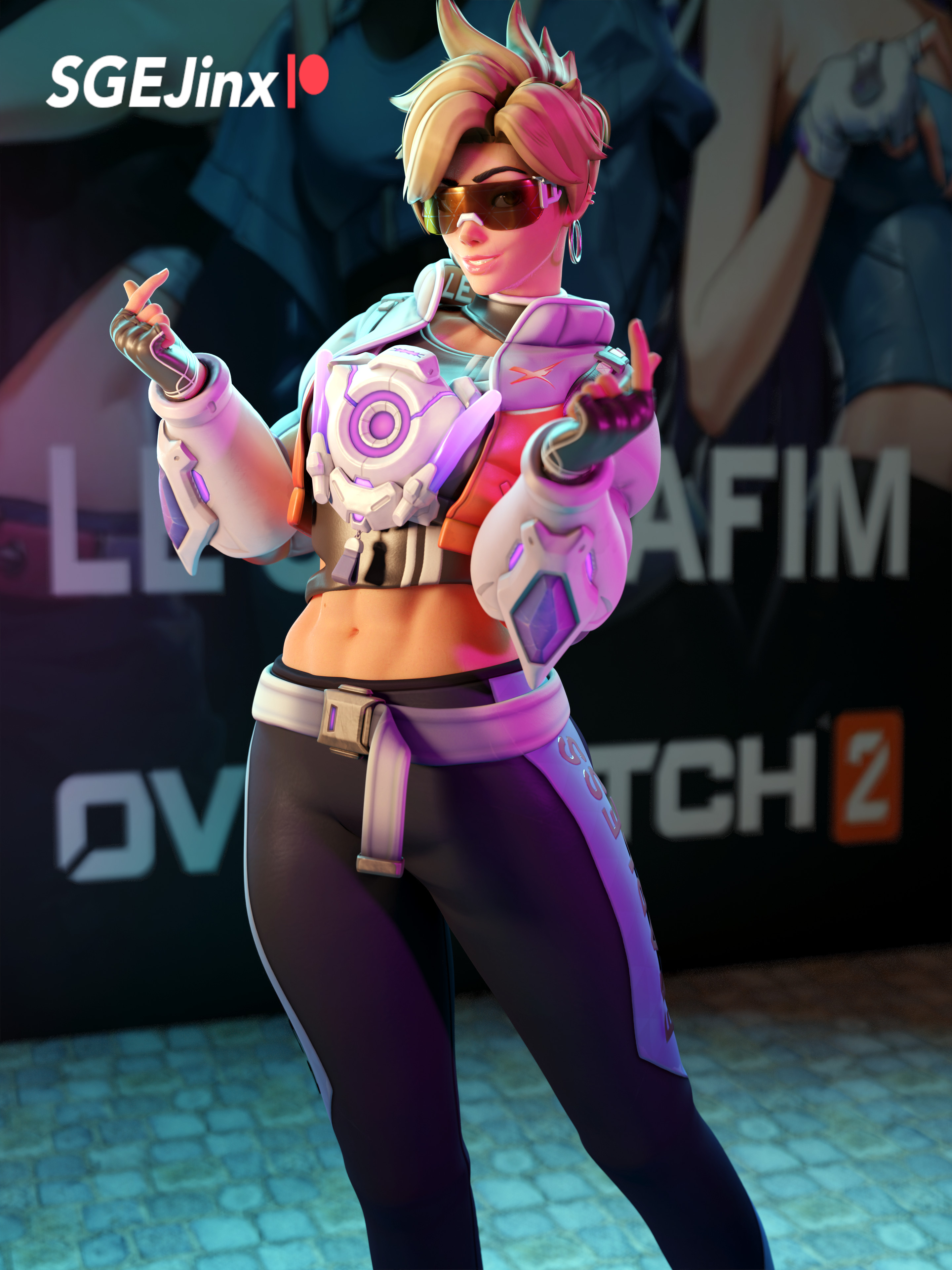 1girls, 3d, adapted costume, alternative costume, antifragile traysi, artist name, bangs, belt, black gloves, black pants, blender, blender (software), blender cycles, blonde hair, blurry, bracelet, breasts, buckle, character name, chest harness, choker, clothing, crop top, depth of field, earrings, english language, eyewear on head, female, female only, fingerless gloves, footwear, gloves, goggles, gun, hand on hip, hands up, harness, headphones, headwear, high resolution, jacket, jewelry, kpop, large breasts, le sserafim, looking at viewer, looking over eyewear, medium breasts, midriff, multicolored hair, muscles, nail polish, navel, orange-tinted eyewear, overwatch, overwatch 2, pants, parted lips, patreon username, sgejinx (artist), shirt, short hair, smile, solo, sunglasses, swept bangs, text, thighs, tinted eyewear, tracer, two-tone hair, very high resolution, weapon, zoom layer