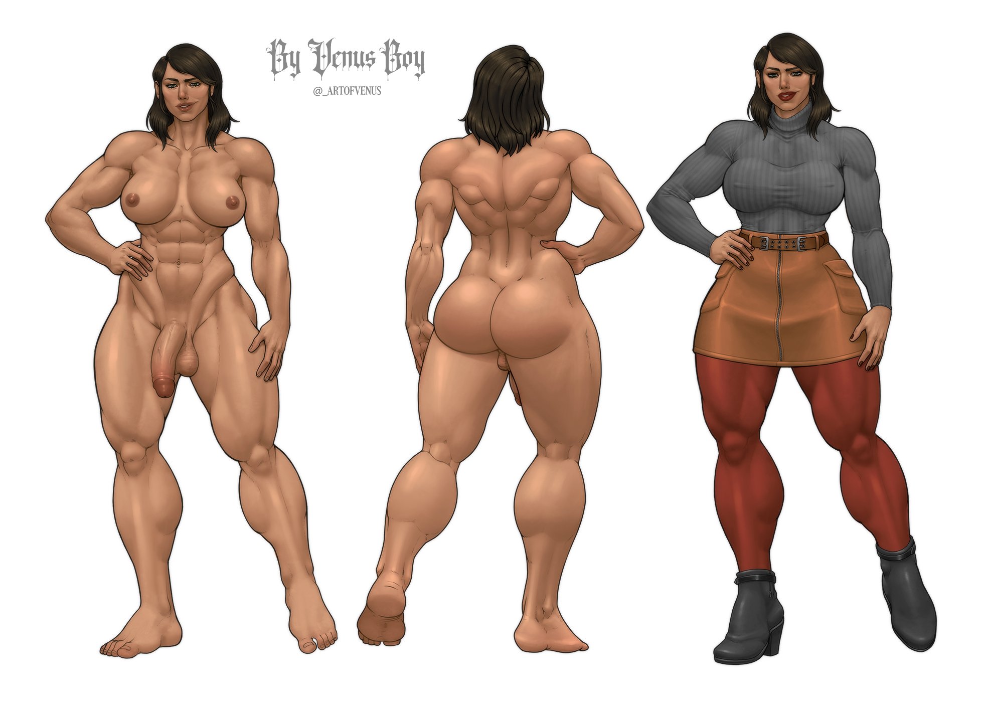 1futa, 2023, areolae, balls, big breasts, big penis, black hair, breasts, clothed, clothing, dark skin, dark-skinned futa, flaccid, full body, fully clothed, futa only, futanari, human, intersex, long hair, model sheet, muscular, muscular futa, nipples, nude, penis, solo, standing, thick thighs, venusboyart