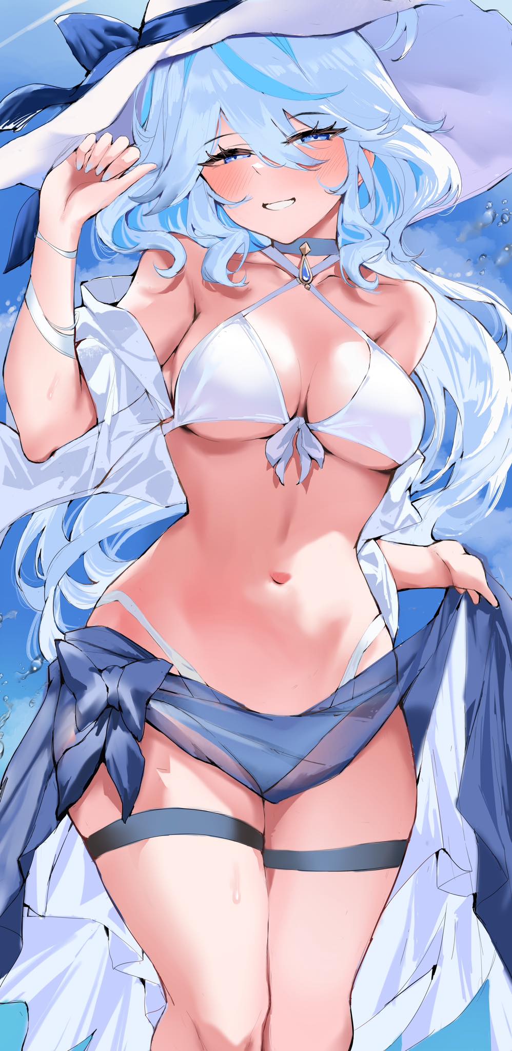 bedroom eyes, blush, breasts, collar, female, furina (genshin impact), genshin impact, holding clothing, large breasts, painted nails, shiben (ugvu5784), slender waist, smile, sweatdrop, swimsuit, thick thighs, thighs, wide hips