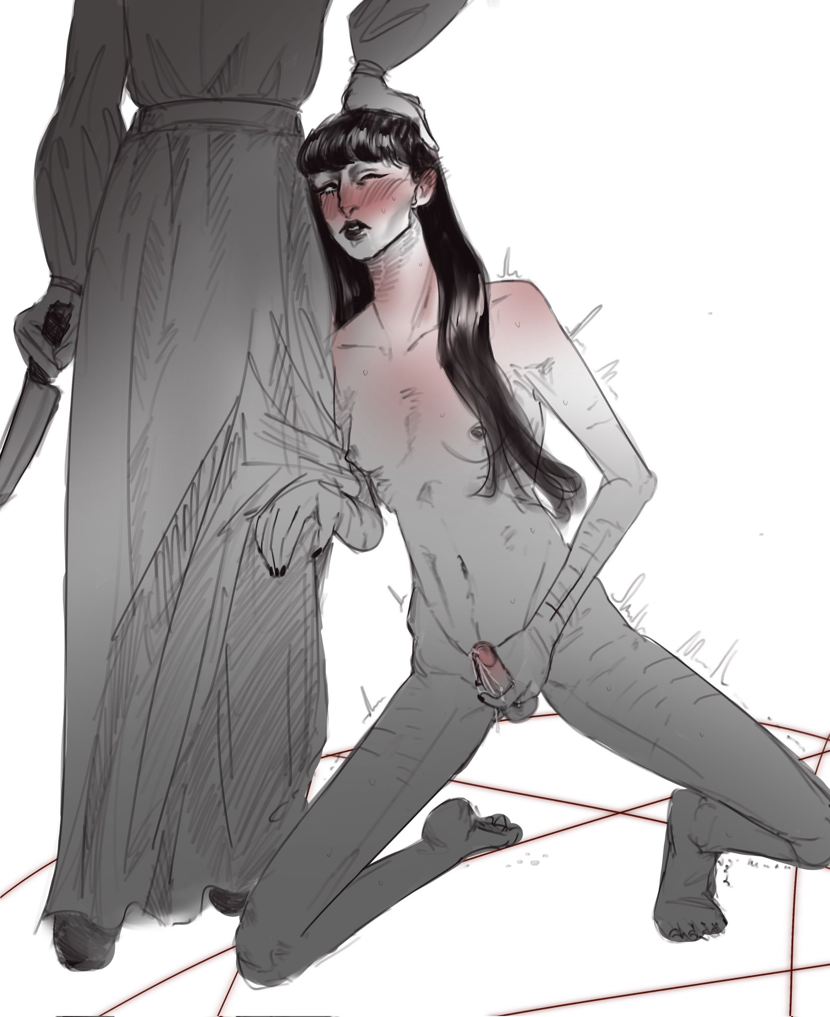 1dickgirl, 1futa, black hair, clothed female nude futa, dickgirl, eciyer, fear and hunger, fear and hunger: termina, female, futanari, intersex, knife, marina (fear and hunger), masturbation, nude, penis, samarie (fear and hunger), skinny, trans woman, transfem, unbothered