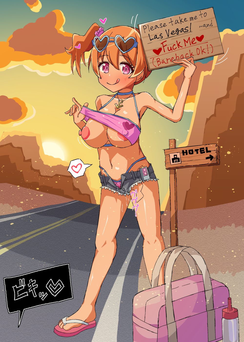 1girls bikini_top bikini_top_lift blonde_hair breasts clothed_masturbation clothing desert english_text erect_nipples erect_nipples_under_clothes exposed_breasts female flashing_breasts fresh_precure! glasses gyaru heart hitchhiking holding_sign large_breasts masturbation momozono_love necklace nipple_peek nipples open_shorts panties petite pink_eyes precure pretty_cure road sandals self_exposure shizun_dodriantos shorts sign slutty_outfit solo sunset tan-skinned_female text twintails vibrator vibrator_in_pussy wakipai water_drop_breasts