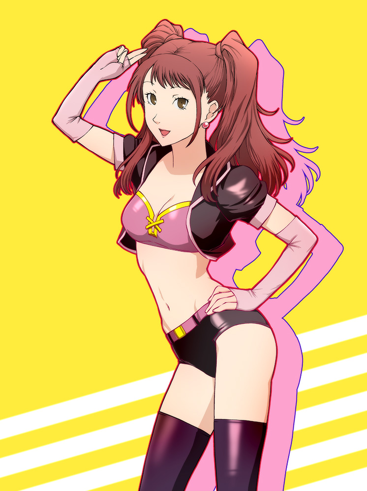 1girls belt black_short_shorts black_shorts black_vest breasts brown_eyes brown_hair earrings elbow_gloves female female_only fingerless_gloves fully_clothed gloves hand_on_hip kujikawa_rise looking_at_viewer medium_breasts midriff navel persona persona_4 purple_tube_top race_queen revealing_clothes short_shorts shorts thighhighs tubetop twintails ueyama_michirou vest