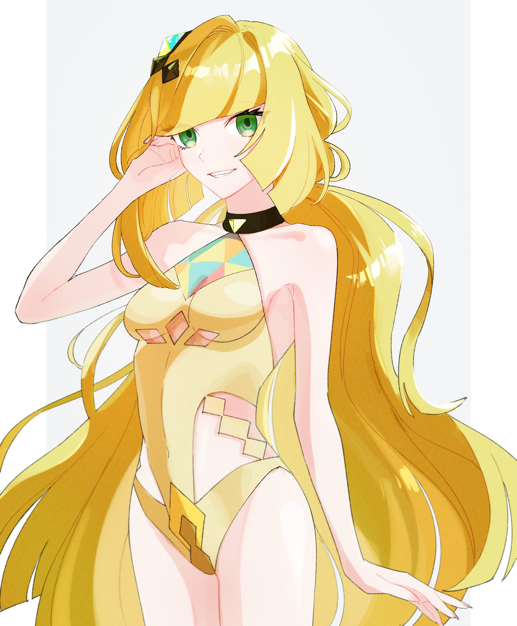 1girls, alternate costume, blonde hair, breasts, clothing, female, green eyes, hair ornament, hand up, legs together, long hair, looking at viewer, lusamine (pokemon), milf, nintendo, official alternate costume, one-piece swimsuit, osg pk, pokemon, pokemon masters, pokemon sm, small breasts, smile, swimsuit, sygna suit lusamine, very long hair, yellow one-piece swimsuit, yellow swimsuit