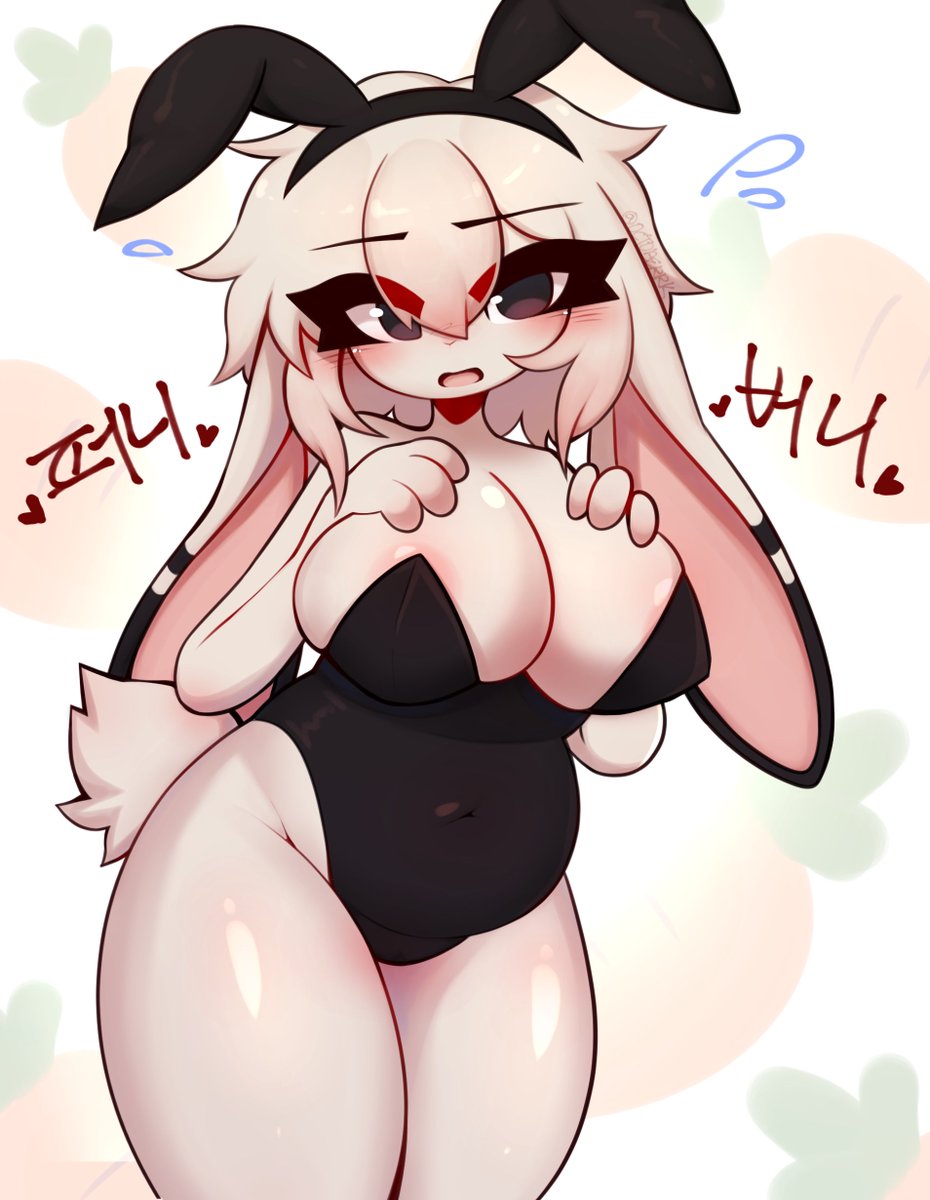 big_breasts blush breasts bunny bunny_costume bunny_ears bunny_girl bunny_tail bunnysuit chubby chubby_belly chubby_female hands_on_breasts nervous nipples octoberrk tagme thick_thighs thighs tight_clothing