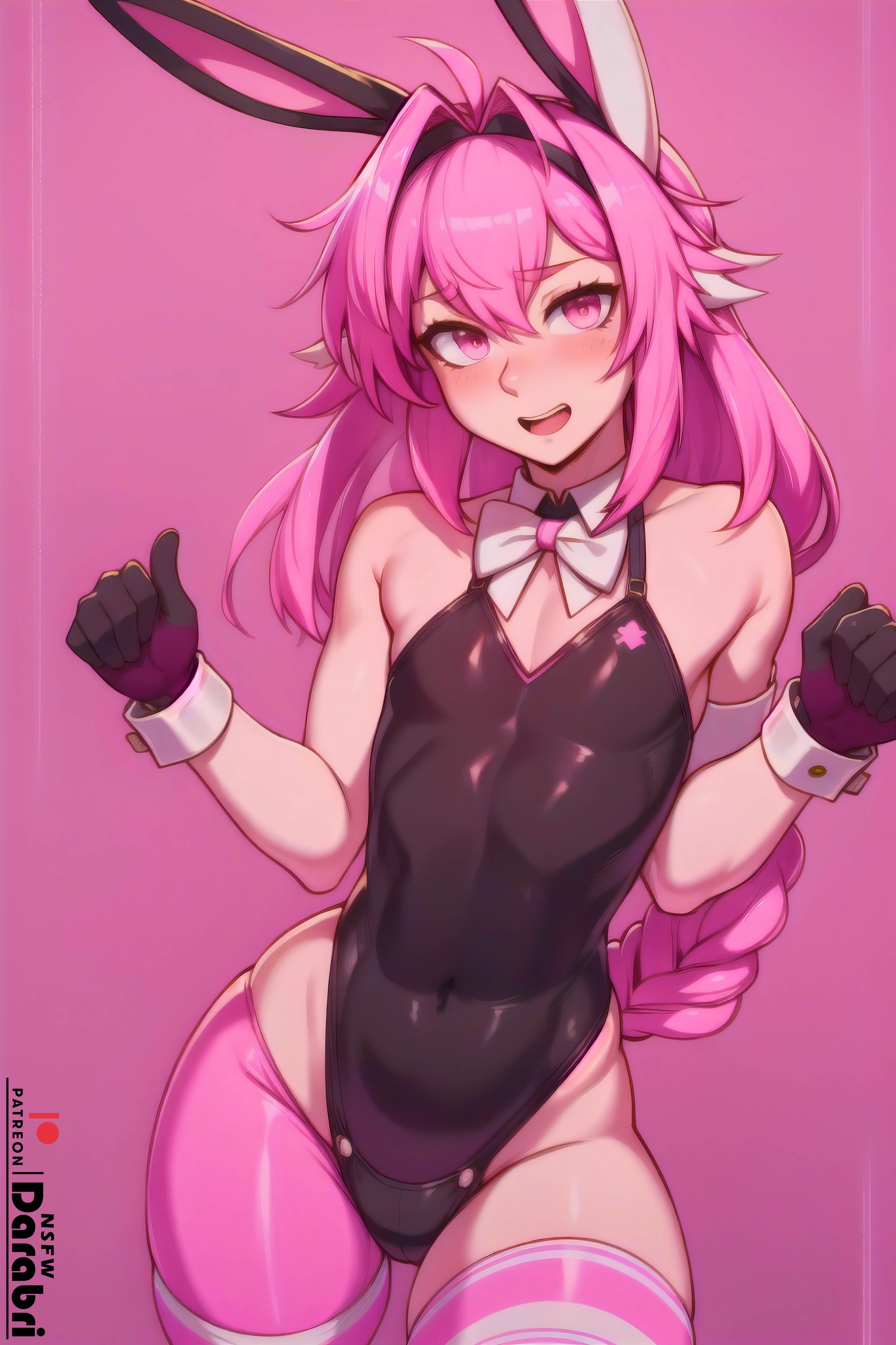 abs, absurd res, ai generated, astolfo (fate), beige skin, blush, bulge, bunny costume, bunny ears, bunnysuit, color, colored, cute, darabri, detailed, fate (series), fate/grand order, femboy, feminine male, flat chest, flat chested, girly, gloves, happy, hi res, logo, long hair, looking at viewer, male, male only, muscular, open mouth, otoko no ko, outline, pale skin, patreon, patreon logo, pink background, pink eyes, pink hair, pink stockings, pov eye contact, simple background, smile, solo, solo focus, stockings, trap