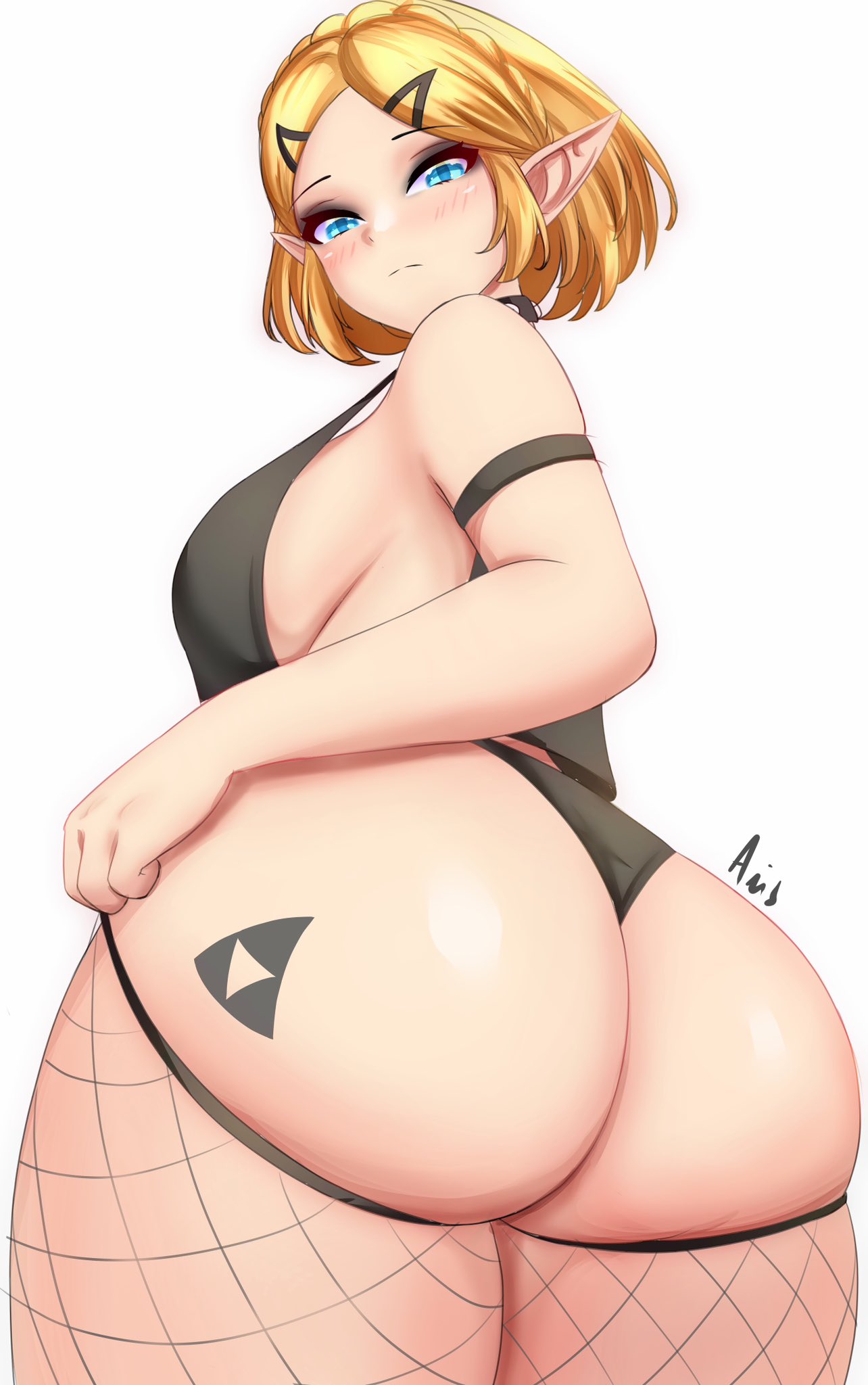 anisdrawn, ass, ass focus, big ass, bimbo, blonde, blonde hair, blue eyes, breasts, female, female only, looking at viewer, nintendo, pointy ears, princess zelda, shiny ass, short hair, sideboob, solo, tears of the kingdom, the legend of zelda, thick thighs, thighs together, zelda (tears of the kingdom)