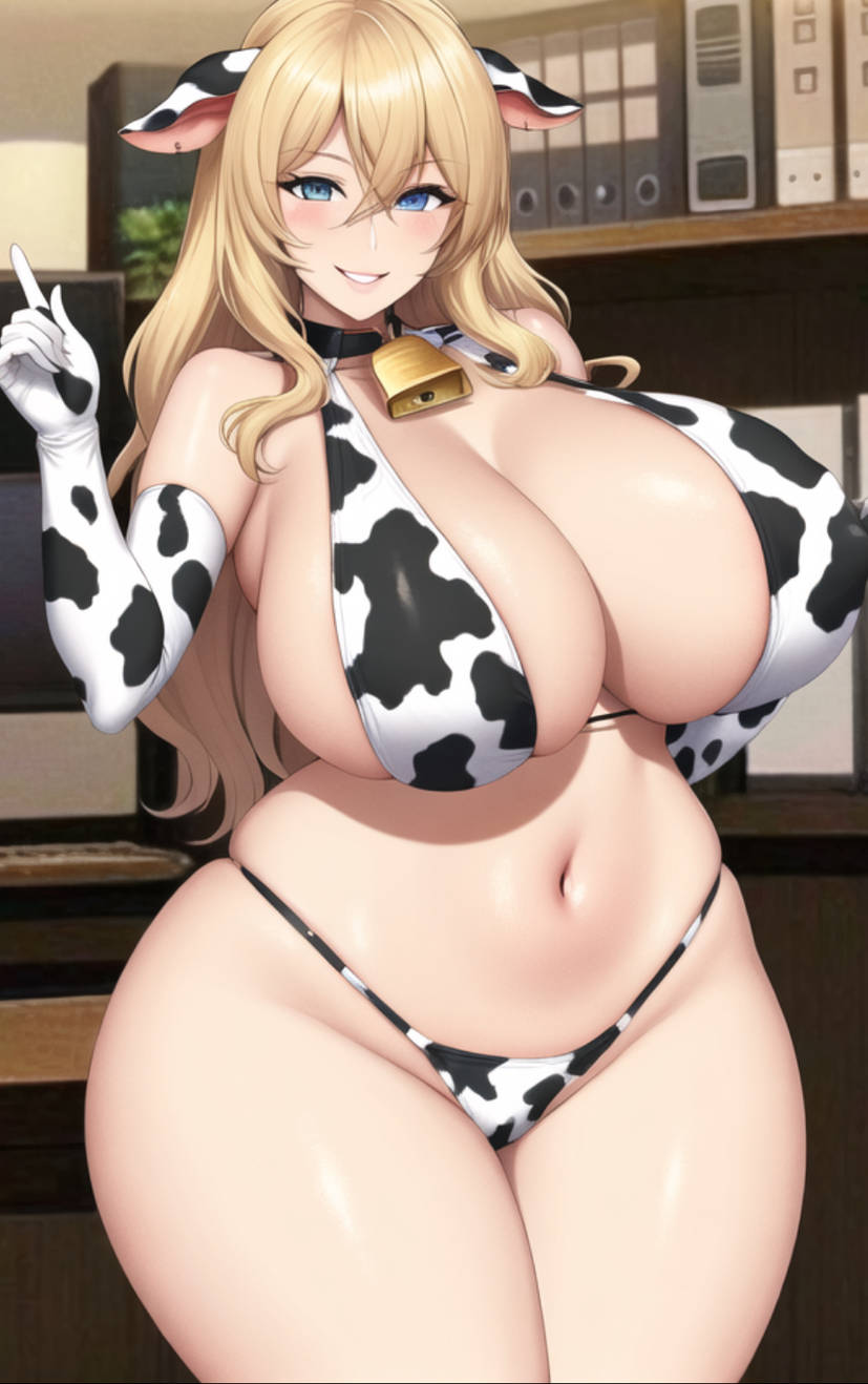 1girls, ai generated, bell, bell collar, big breasts, bikini, blue eyes, breasts, cow bikini, cow ears, cow horns, cow print, curvaceous, curvy, curvy female, curvy figure, eyes, female, female focus, female only, hucow, huge breasts, large breasts, light skin, light-skinned female, long hair, mary (shawntheimmortal942), original, original character, shawntheimmortal942, smile, smiling, standing, teeth, teeth showing, thick, thick thighs, voluptuous, voluptuous female, wide hips