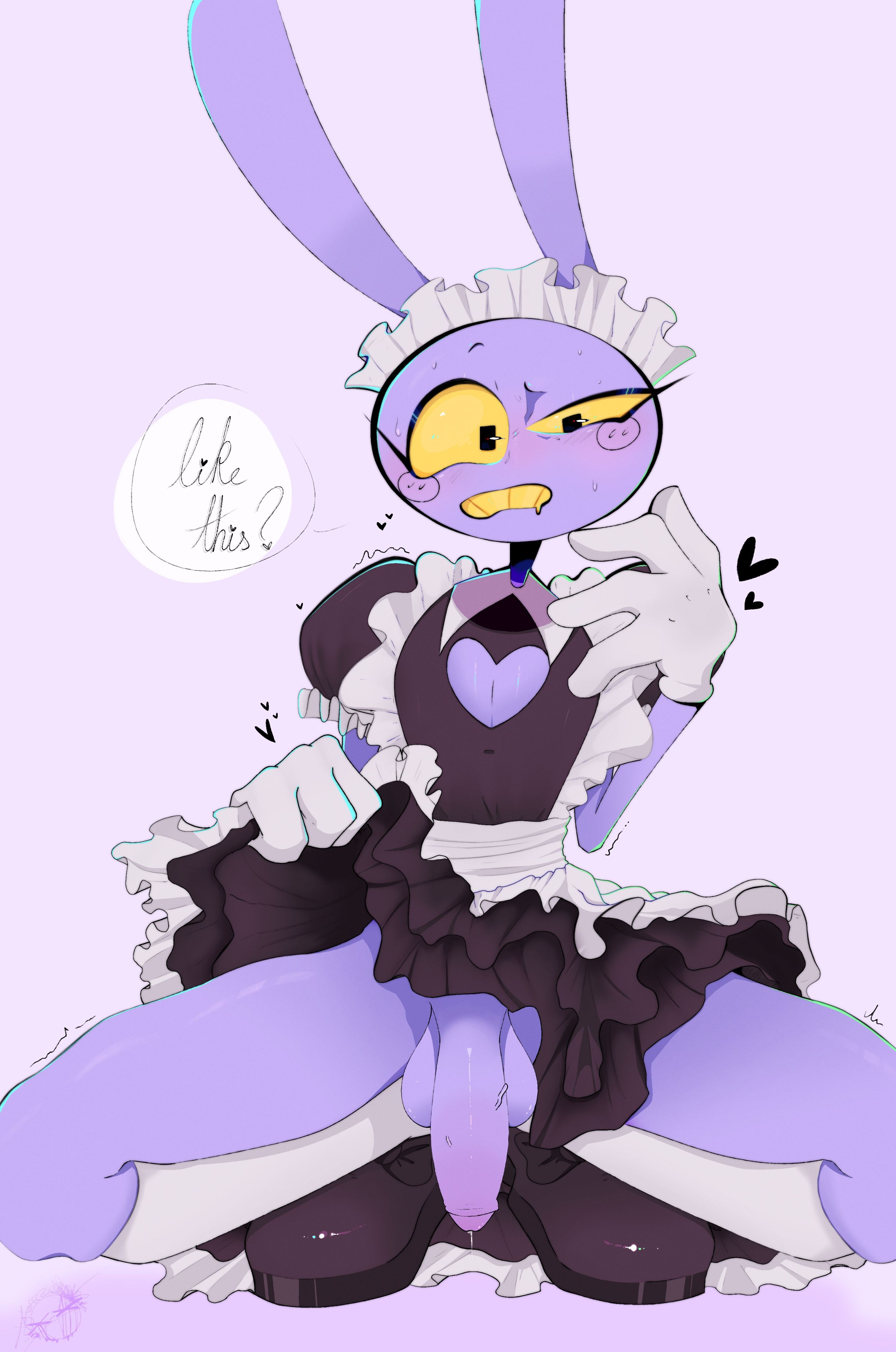1persontyler, anthro, blush, boob window, breasts, bunny, bunny ears, confused, confusion, cum, dialogue, glitch productions, gloves, heart, jax (the amazing digital circus), maid, maid jax (the amazing digital circus), maid outfit, maid uniform, male, penis, precum, purple body, purple penis, sitting, solo male, tagme, text, the amazing digital circus, thighs, veiny penis, yellow eyes, yellow mouth
