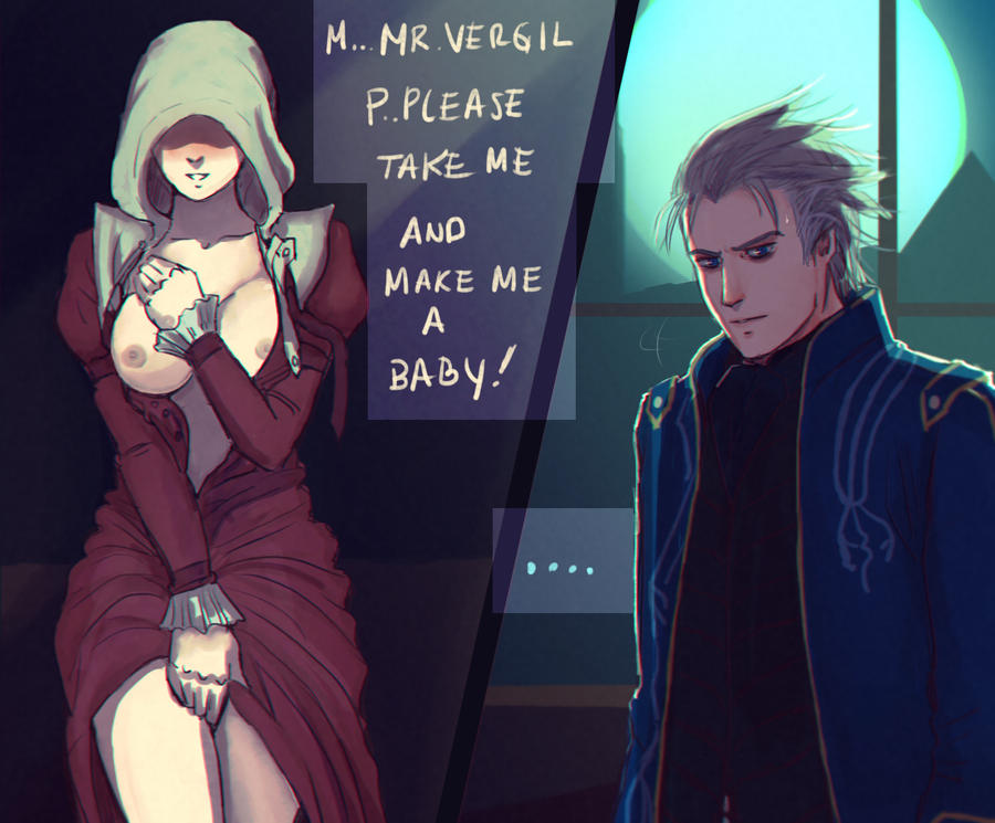 angeljasiel begging begging_for_sex blush clothed clothed_male devil_may_cry devil_may_cry_4 dress_lift eager exposed_breasts hidden_eyes hood hood_up hooded_cloak impregnation_request lady_in_red_(devil_may_cry) pale_skin pale_skinned_female red_dress self_exposure straight vergil white_hair