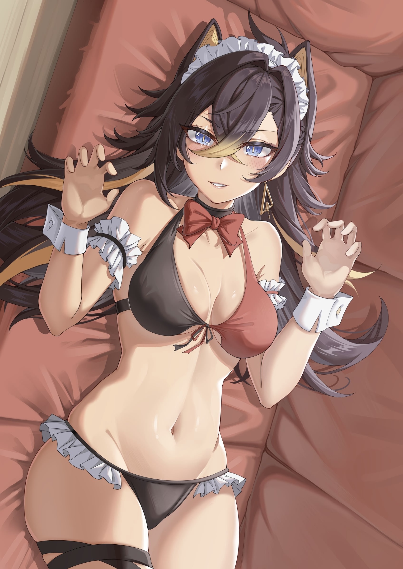 1girls, belly, bikini, black hair, cat ears, collarbone, dark hair, dark skin, dehya (genshin impact), female, genshin impact, looking at viewer, looking up, on back, on bed, smooth skin, tan body