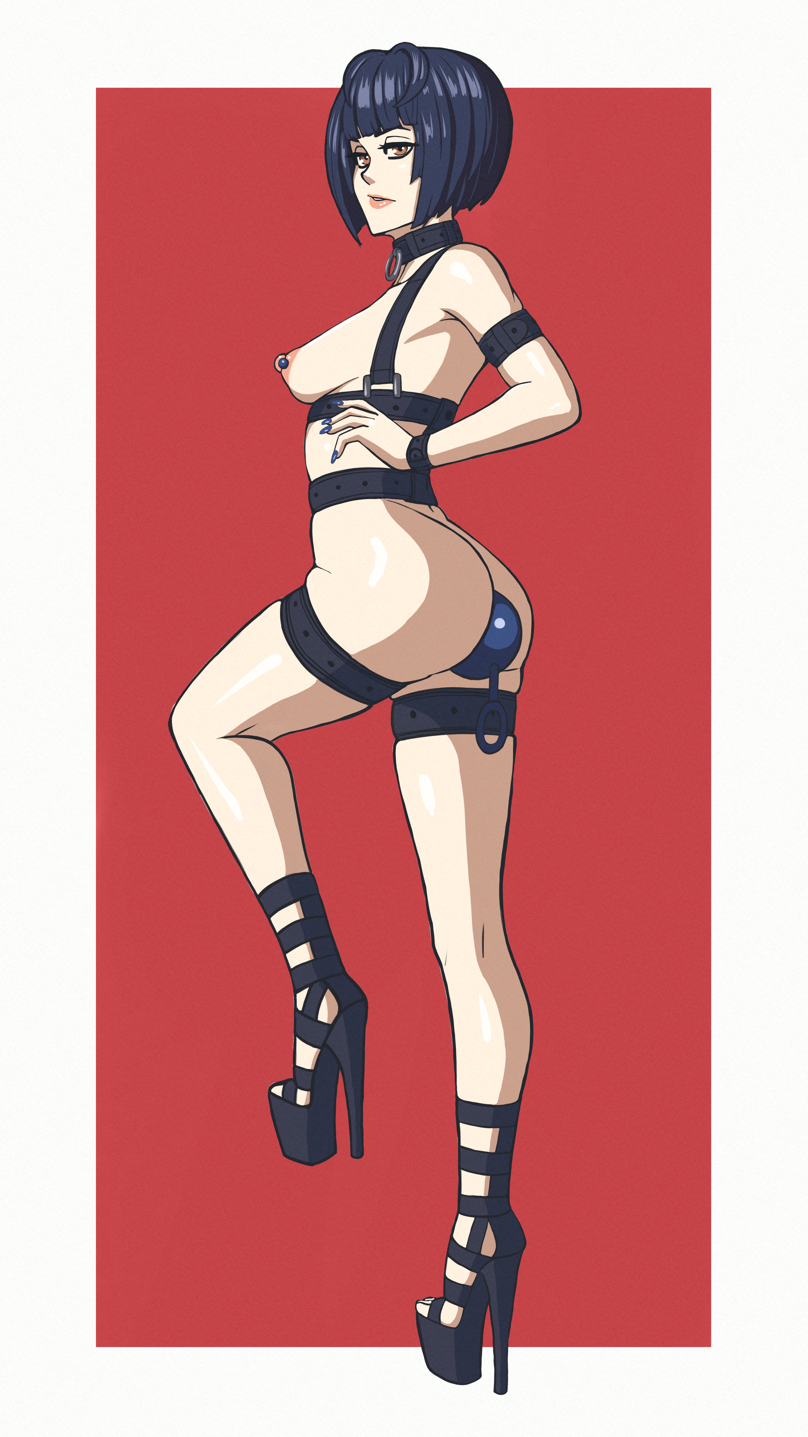 1girls, anal, anal beads, anal beads in ass, ass, atlus, bangs, big ass, big breasts, blue hair, blue nail polish, blue nails, breasts, brown eyes, collar, dark blue hair, female, female only, fingernails, footwear, full body, hair, harness, heels, high heels, hips, huge anal beads, huge ass, king0fghouls, legs, light skin, light-skinned female, long fingernails, looking at viewer, masturbation, mature, mature female, nail polish, nails, neckwear, nipple piercing, nipples, persona, persona 5, piercing, platform heels, pose, sex toy, shiny skin, shoes, short hair, short-haired female, side view, sideboob, solo, solo female, stiletto heels, tae takemi, thighs, very high heels