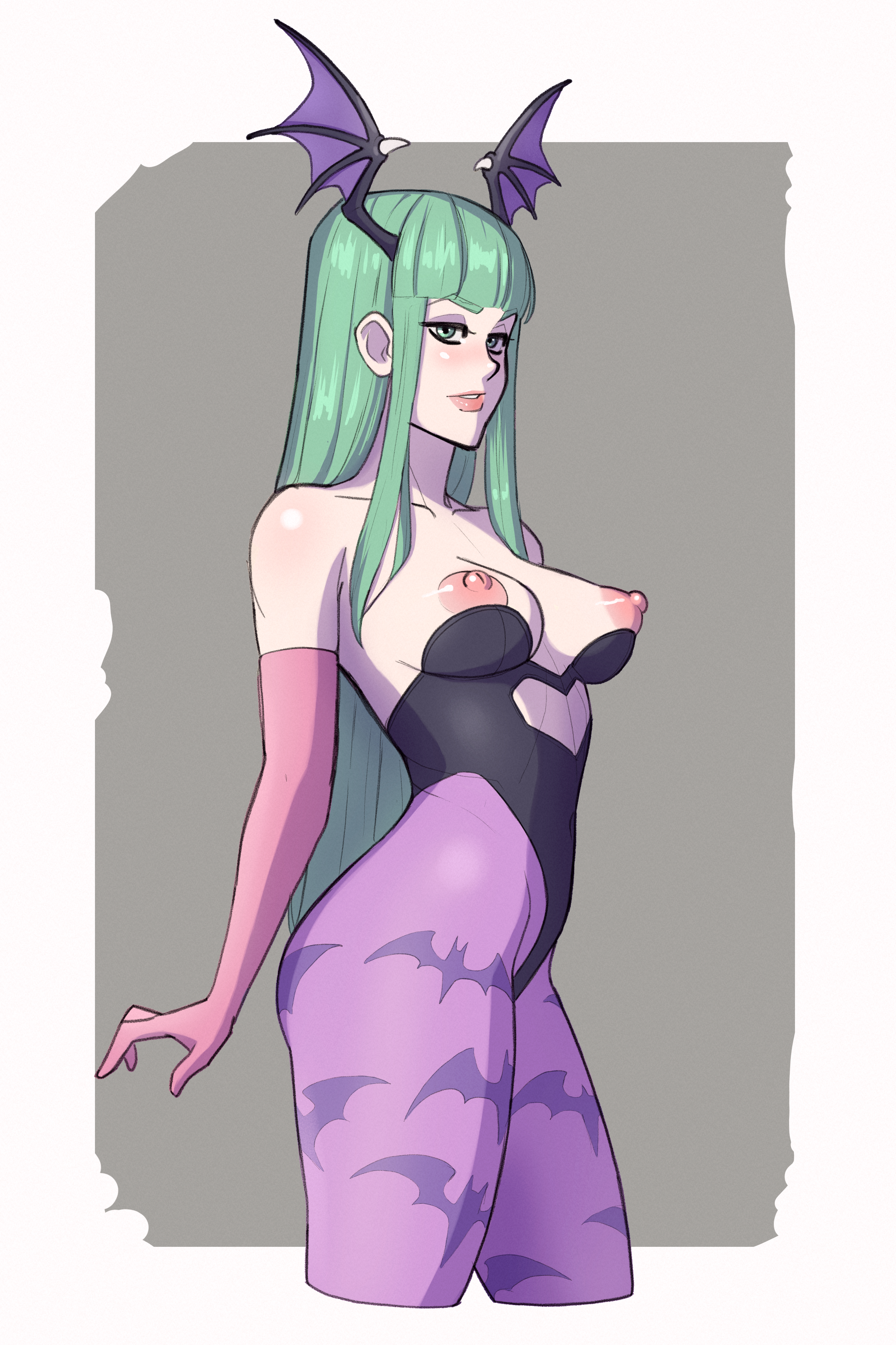 1girls, areolae, armwear, big breasts, black leotard, breasts, breasts out, capcom, clothing, darkstalkers, demon, elbow gloves, female, female only, gloves, green hair, hair, head wings, hips, king0fghouls, leggings, legwear, leotard, lips, long hair, morrigan aensland, nipples, pink gloves, small breasts, solo, solo female, succubus, thighs