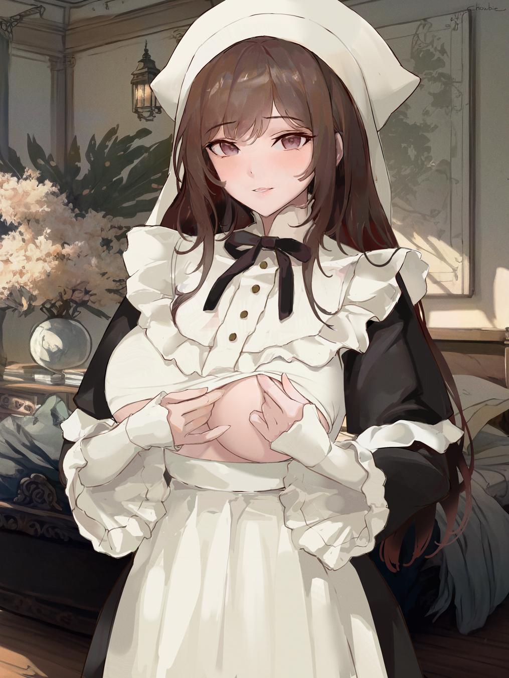 1girls ai_generated apron bed breasts brown_eyes brown_hair chowbie clothes_lift flowers frills headscarf large_breasts long_hair looking_at_viewer maid maid_apron maid_uniform original ribbon underboob vase victorian victorian_era victorian_maid