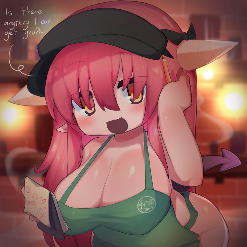 1girls apron barista big_ass big_breasts big_butt bow cafe demon demon_girl employee employee_uniform horn horns iced_latte_with_breast_milk original original_character pissgata pointy_ears purple_tail red_hair self_upload starbucks succubus thick thick_ass yellow_eyes