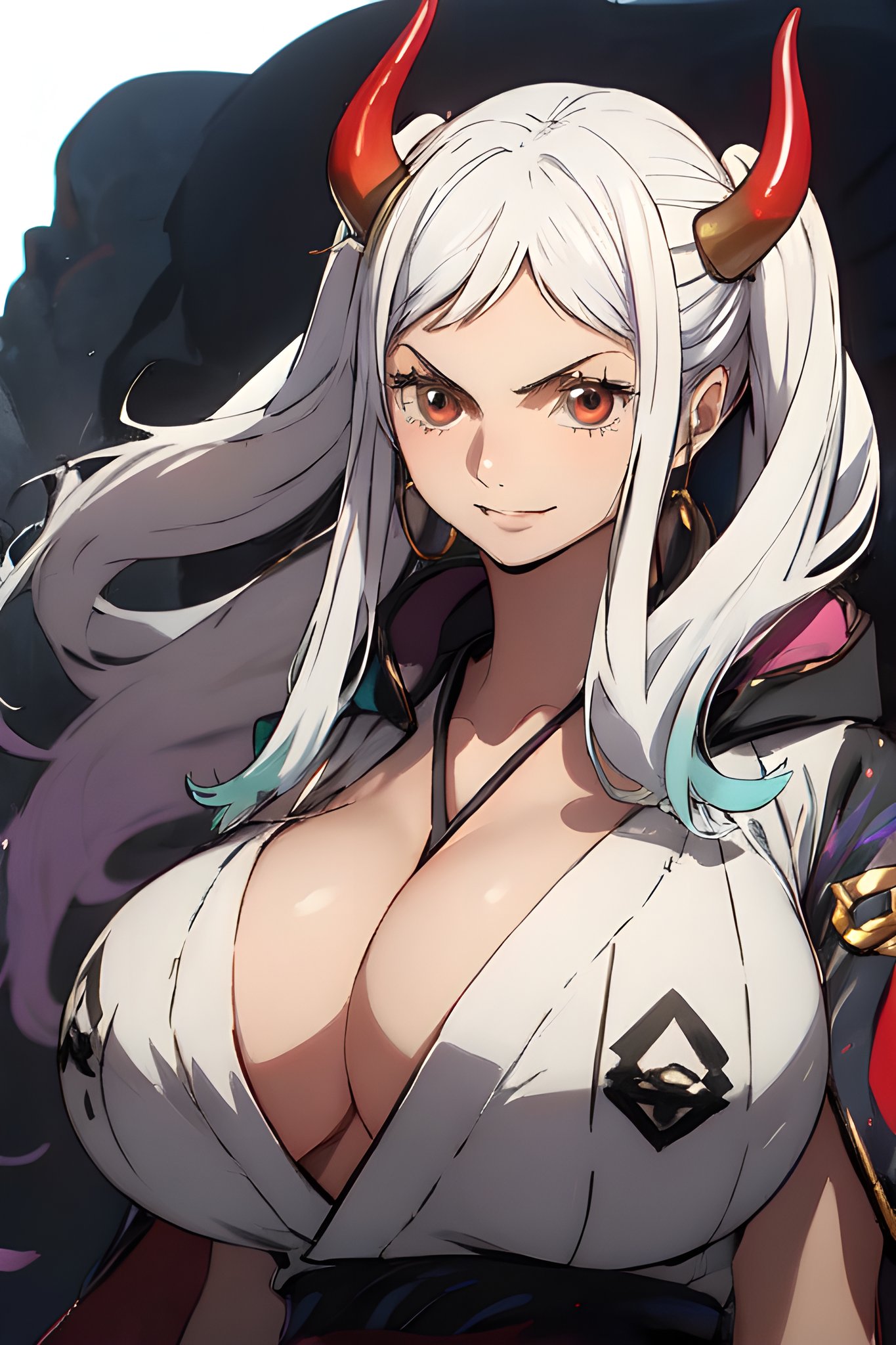ai generated, big breasts, breasts, female, female only, horn, horns, huge breasts, hyper, hyper breasts, kimono, one piece, oni, oni horns, wano country, white hair, yamato (one piece)