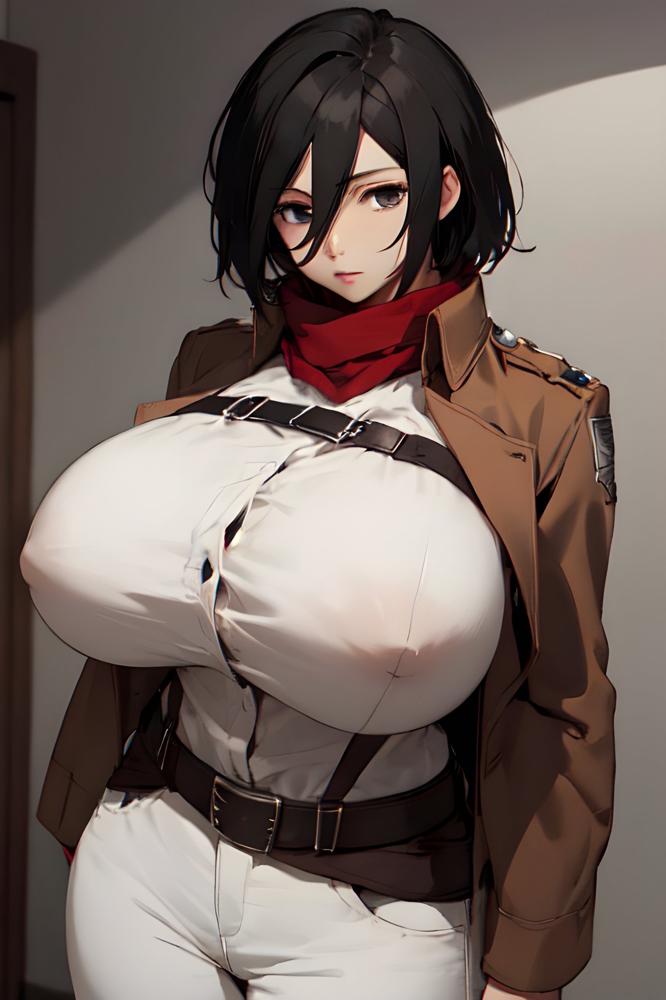 ai_generated attack_on_titan big_breasts black_eyes blue_hair brown_jacket female_only huge_breasts hyper_breasts jacket jacket_open mikasa_ackerman red_scarf scarf scout_uniform shingeki_no_kyojin