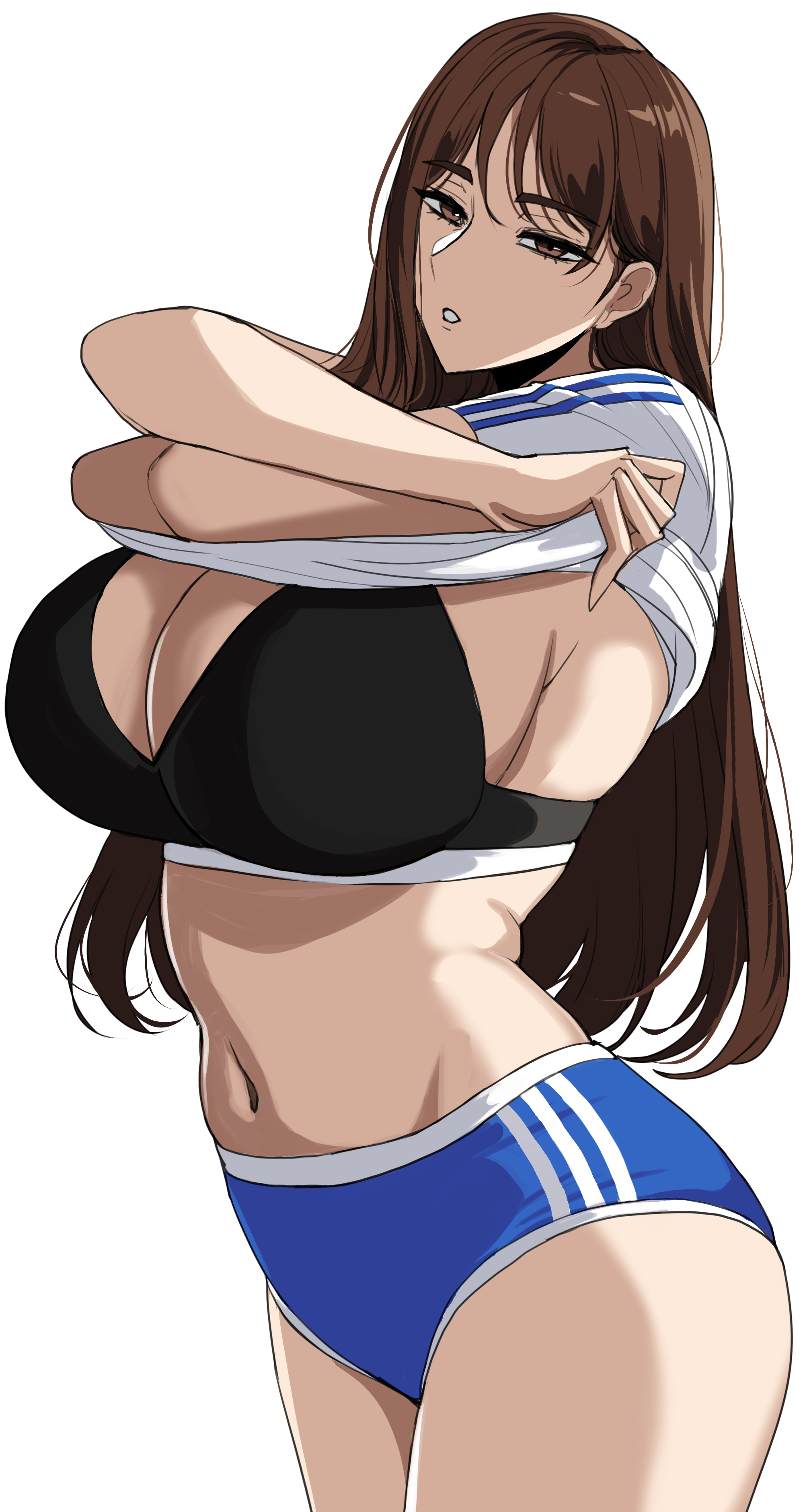 1girls, bloomers, breasts, brown eyes, brown hair, buruma, drogod (artist), female, gym uniform, huge breasts, light skin, light-skinned female, long hair, mature female, milf, original, original character, sportswear, thick thighs, wide hips