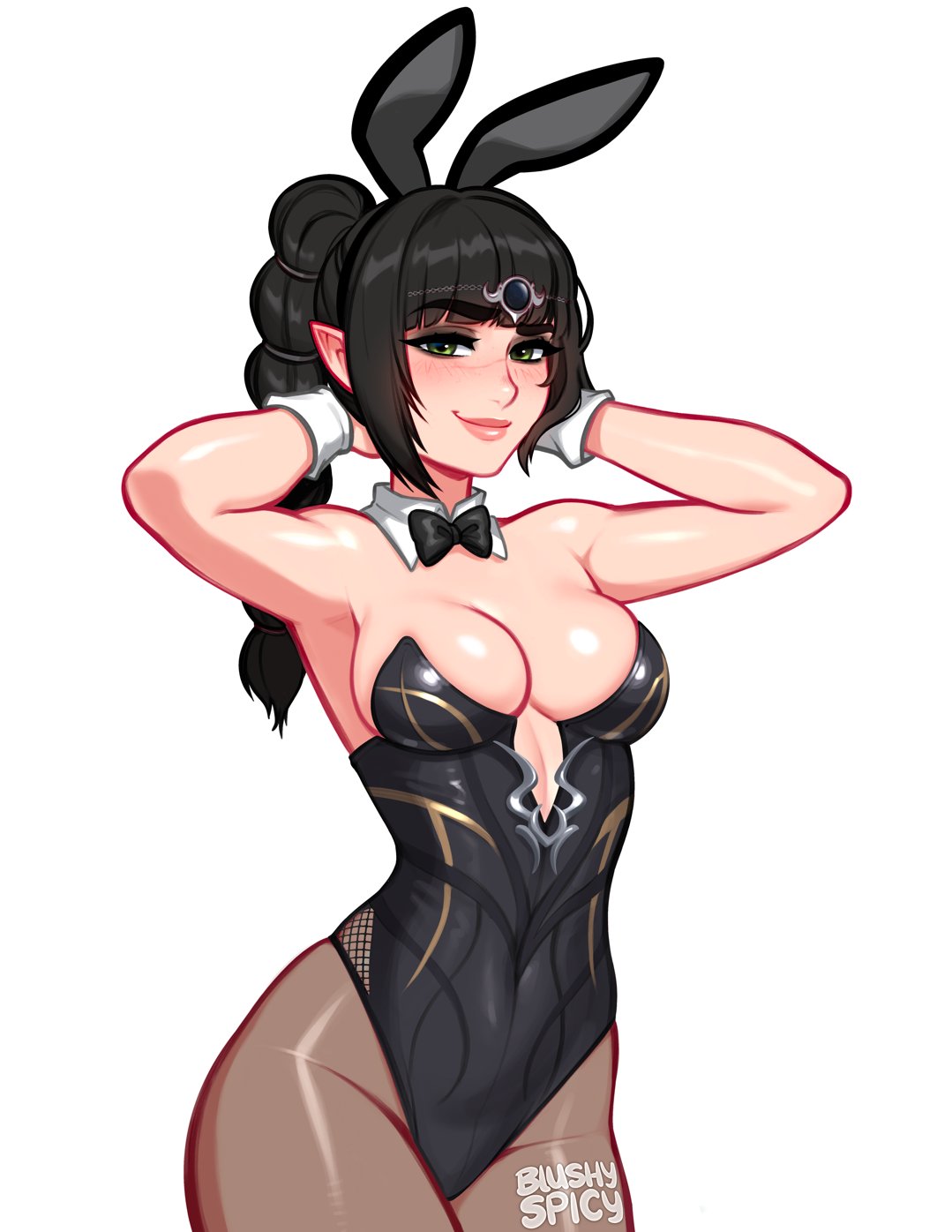 1girls, 2023, arms behind head, artist name, baldur's gate, baldur's gate 3, bangs, black hair, blush, blushypixy, blushyspicy, bow, bowtie, breasts, bunny ears, bunny girl, bunnysuit, cleavage, collar, dungeons and dragons, fake animal ears, female, female only, green eyes, hair ornament, hands behind head, highres, light skin, light-skinned female, medium breasts, pantyhose, playboy bunny, scar, shadowheart, solo, watermark, wrist cuffs