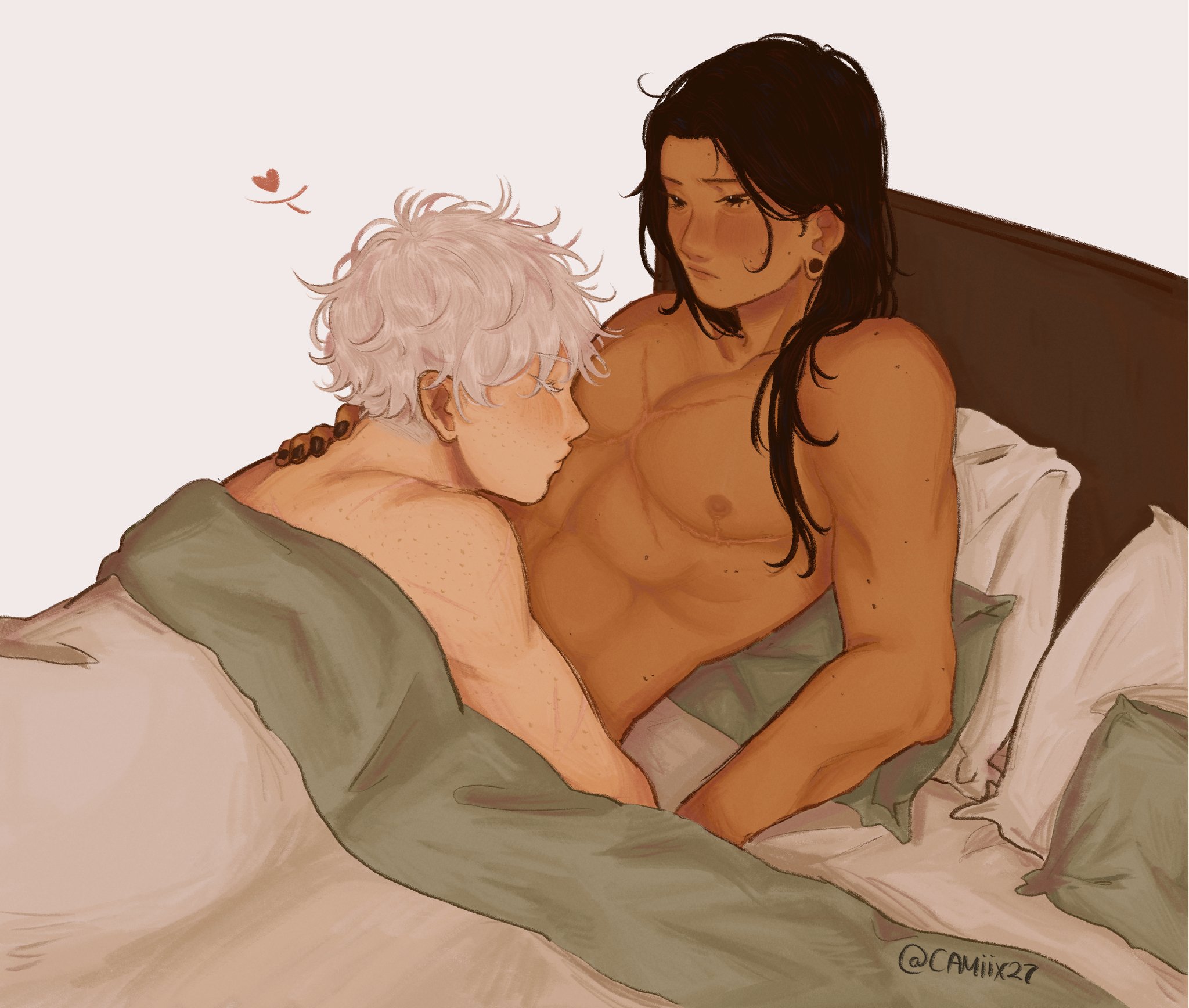 2boys, bed, before sex, black hair, brown body, color, cuntboy, earrings, gay, heart, intersex, jujutsu kaisen, kissing, love, male, male/male, mastectomy scar, nude, satoru gojo, scar, suguru geto, white hair, yaoi