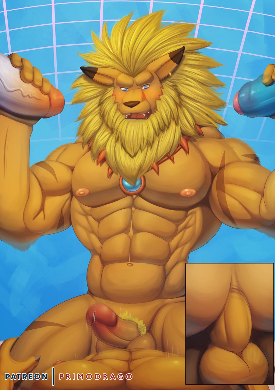 anthro balls bandai_namco bara biceps digimon digimon_(species) felid genitals hi_res leomon lion male male_only mammal mane multiple_boys muscular muscular_anthro muscular_male nipples pantherine pecs penis primodrago