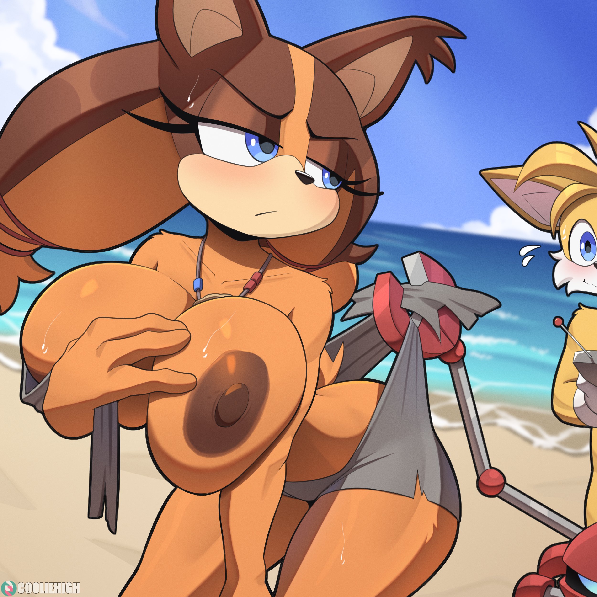 1boy, 1girls, alternate breast size, annoyed, anthro, ass, assisted exposure, beach, big ass, big breasts, blue eyes, blush, breasts, brown fur, cloud, clouds, cooliehigh, covering, covering breasts, female, huge breasts, large breasts, machine, male, miles tails prower, robot, sonic (series), sonic boom, sticks the badger, sticks the jungle badger, sweat, sweatdrop, sweating, tagme, tails, tails the fox, technology, thick thighs, yellow fur