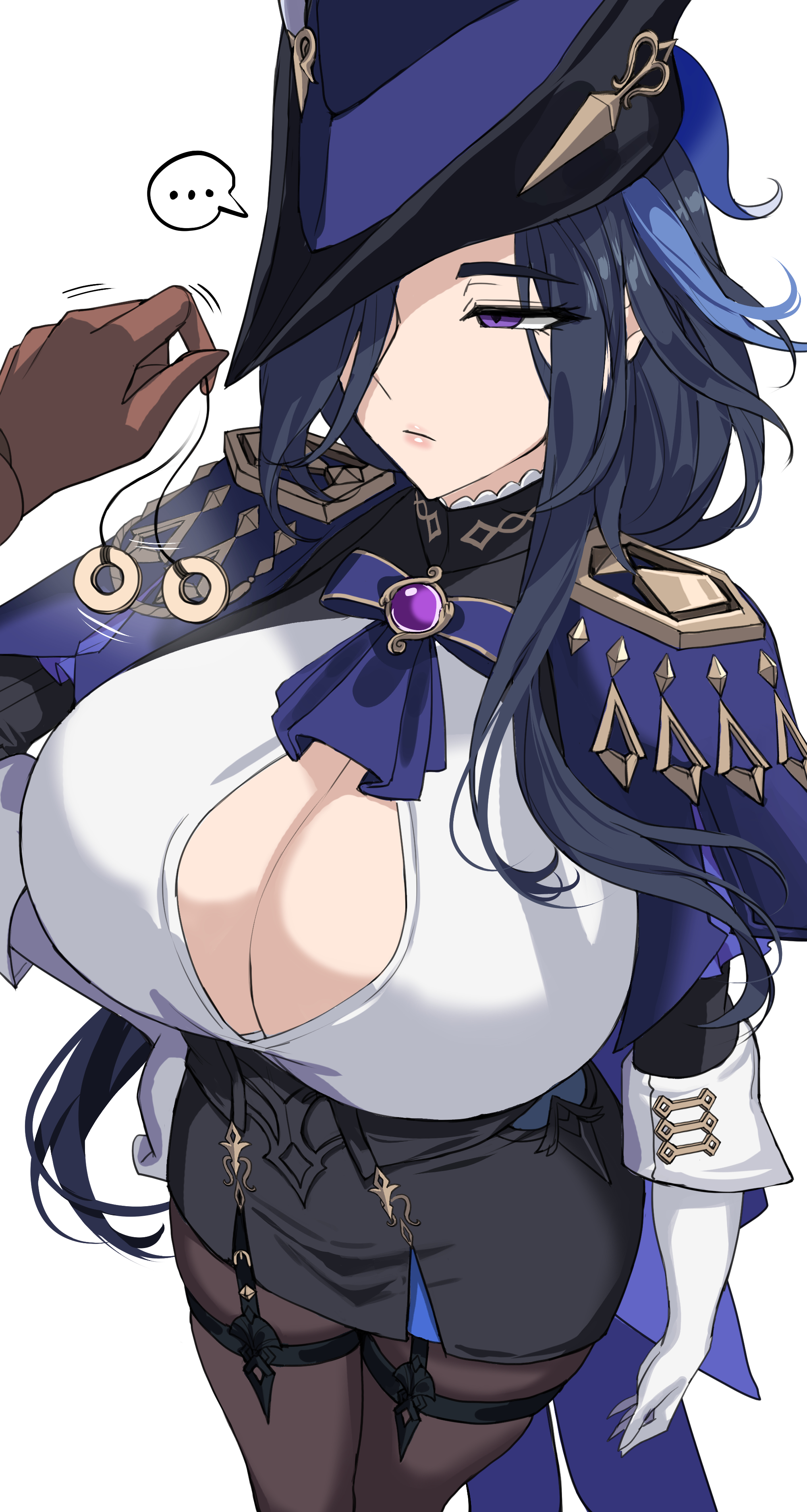 1girls, blue hair, breasts, clorinde (genshin impact), drogod (artist), female, genshin impact, hi res, hips, huge breasts, hypnosis, light skin, light-skinned female, long hair, mind control, naughty face, purple eyes, thick thighs, thighs, wide hips