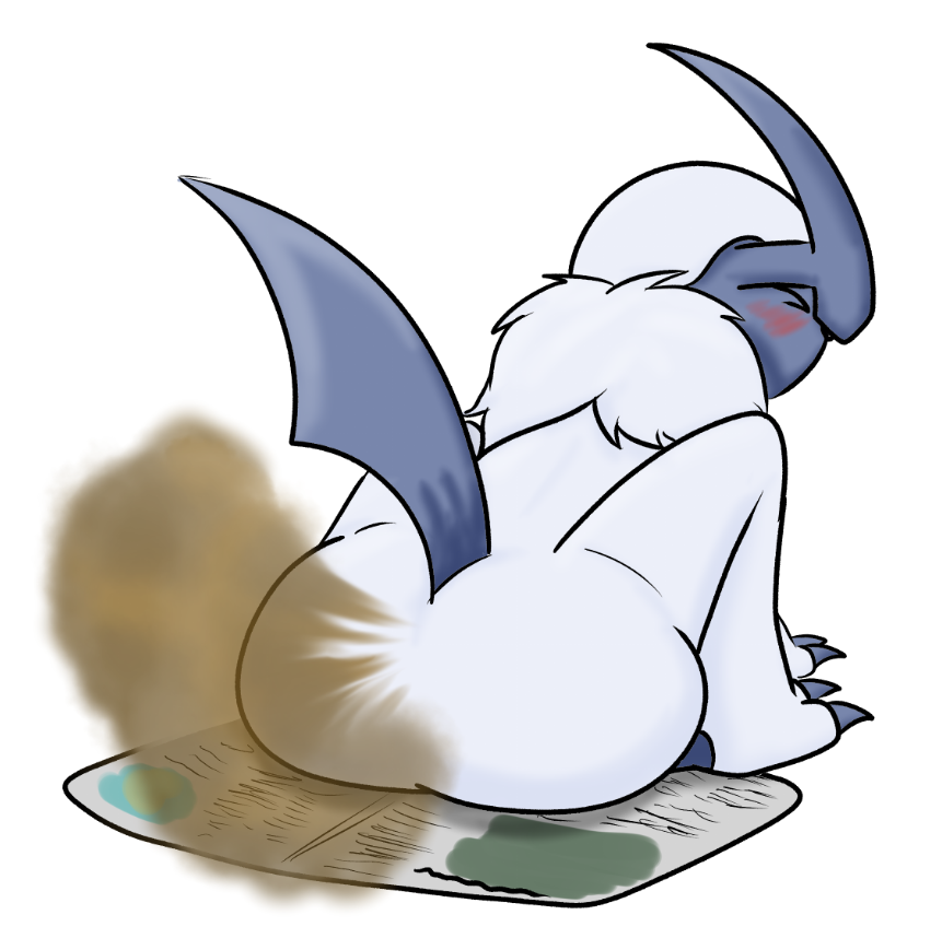 absol ass blue_body blue_fur blue_tail blush claws closed_eyes fart fart_cloud fart_fetish feral feral_only fur generation_3_pokemon horn madgythumtas male newspaper nintendo pokemon pokemon_(species) simple_background solo tail thumty tuft white_background white_body white_fur