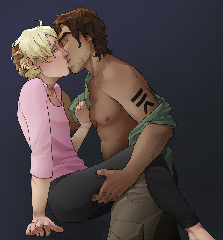 2boys blonde_hair boyfriend_to_death brown_hair brown_skin bruise clover_o'connor_(clover) cuts french_kiss gatobob_(gurobob) hand_on_head kissing making_out no_visible_genitalia original_character pale_skin shirt_down shirtless_male strade suggestive tattoo