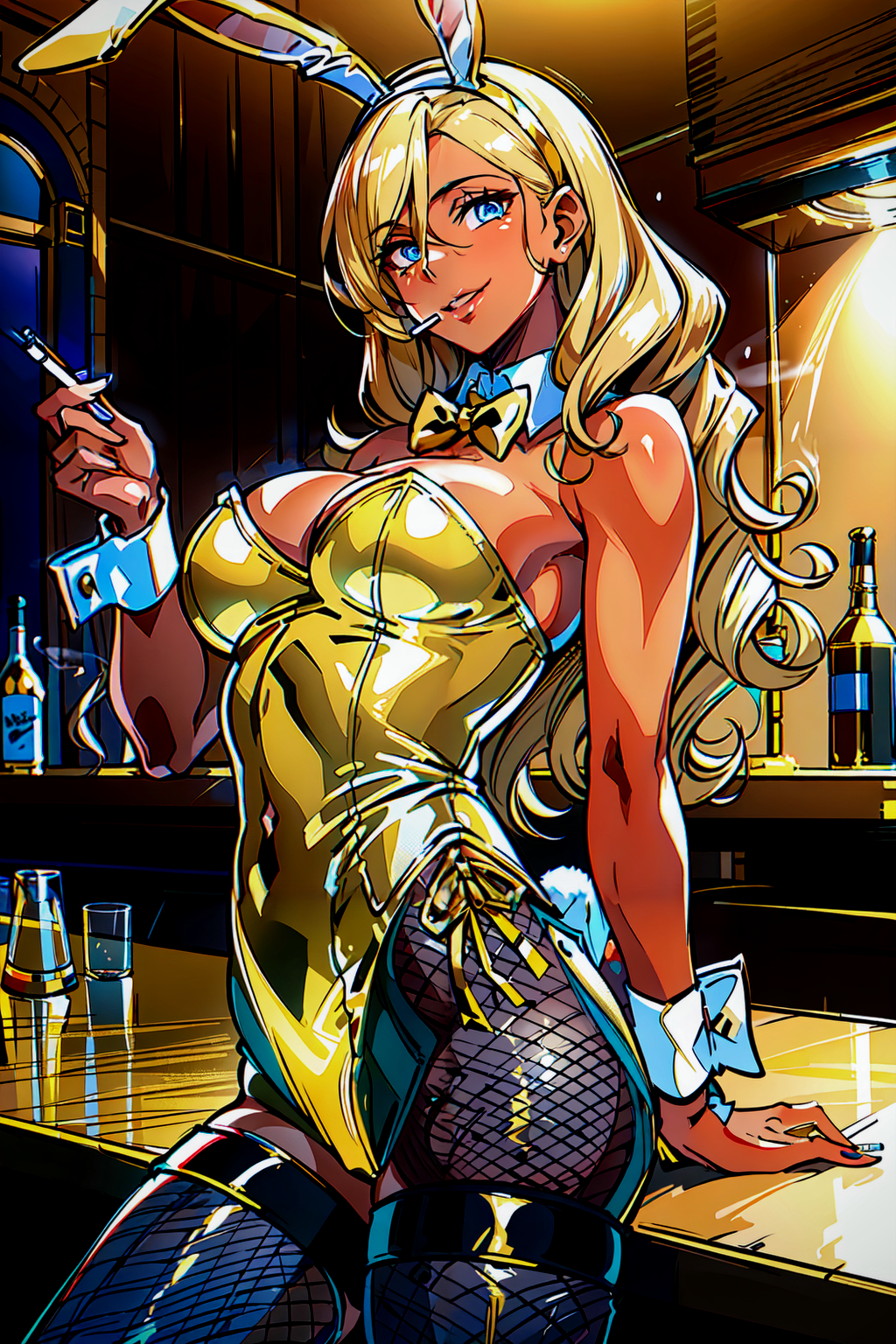 ai_generated ai_hands alcohol_bottles bar black_pantyhose blonde_hair blue_eyes bowtie bunny_ears bunny_girl bunnygirl bunnysuit cuff_links cuffs_(clothing) dark_skin detached_collar drawstring gold_bunny_(floppyudon95) gold_bunnysuit gold_leotard hand_on_counter holding_cigarette latex leaning_on_counter original playboy_bunny shiny_skin shirt_collar skin_tight strapless_leotard yellow_bowtie