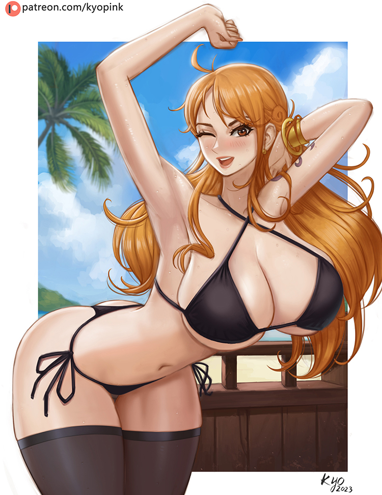 1girls beach belly_button bending_forward bending_over big_breasts bikini black_bikini bra breasts brown_eyes busty cleavage curvy female female_only kyopink long_hair nami one_piece orange_hair outside palm_tree panties pose post-timeskip shoulder_tattoo solo stockings sweat tattoo thick_thighs thighhighs thighs voluptuous