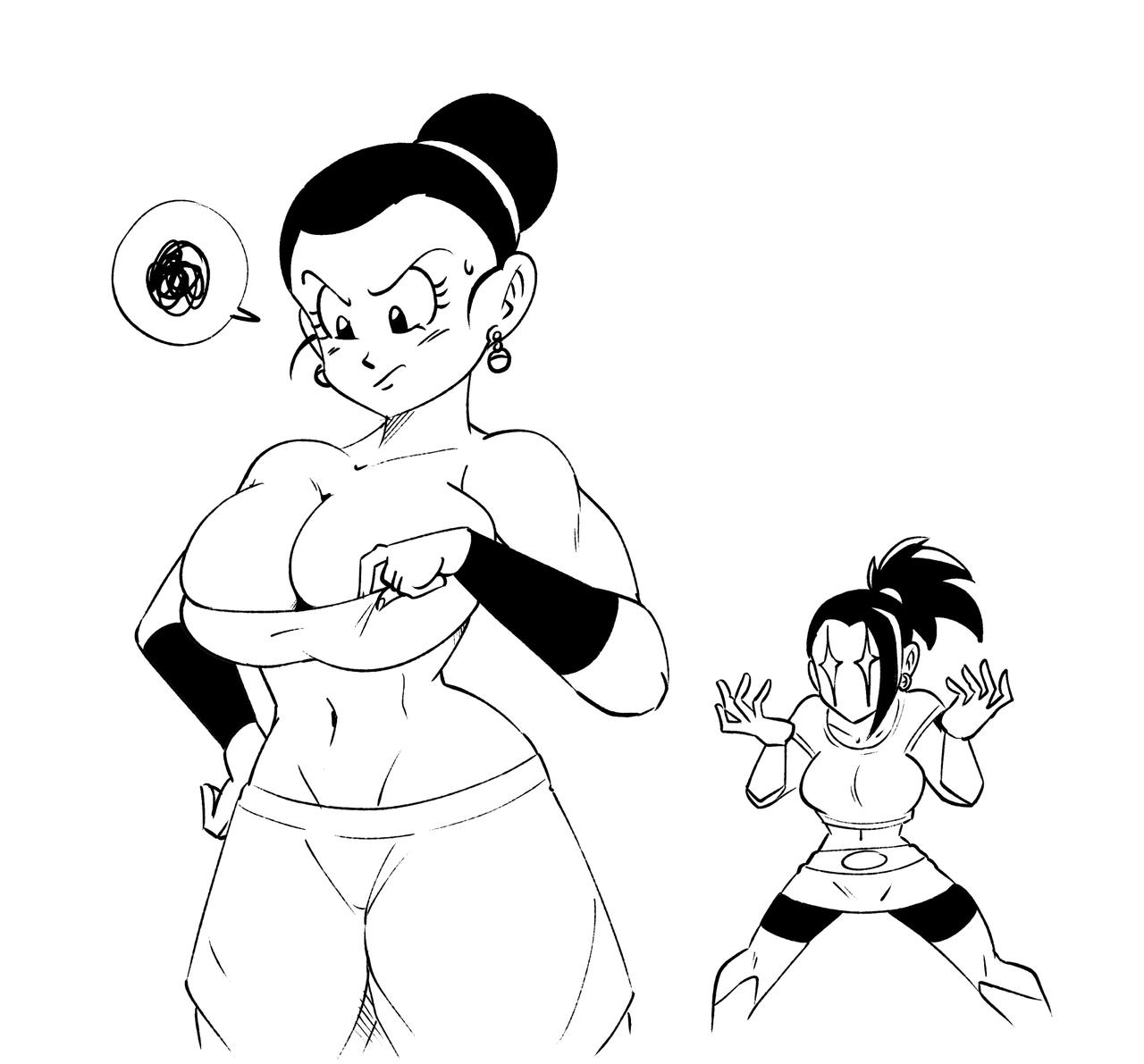 2girls, bare belly, big breasts, black and white, breasts, chichi, cleavage, dragon ball, dragon ball super, dragon ball z, earrings, female, funsexydragonball, kale, monochrome, sweatdrop, universe 6 saiyan/universe 7 saiyan, universe 6/universe 7