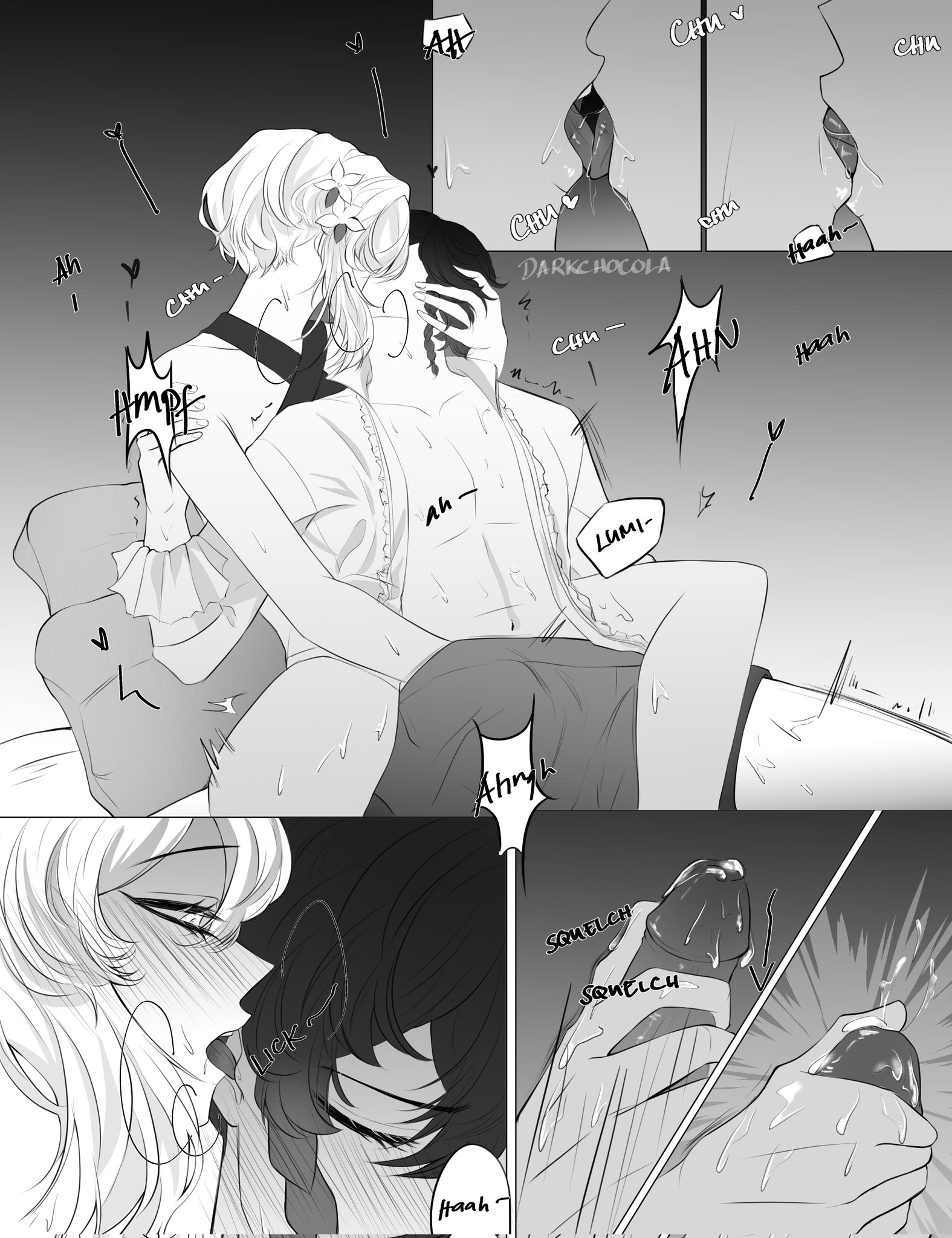 1boy, 1girls, blonde hair, blush, braid, cum, darkchoc0la, domination, ejaculation, female, female domination, female/male, femboy, femboysub, femdom, frenulum stimulation, from behind, genshin impact, hand in pants, handjob, hi res, hoyoverse, kissing, licking ear, lumine (genshin impact), male, male/female, masturbation, mihoyo, monochrome, short hair, straight, tongue kiss, venti (genshin impact)