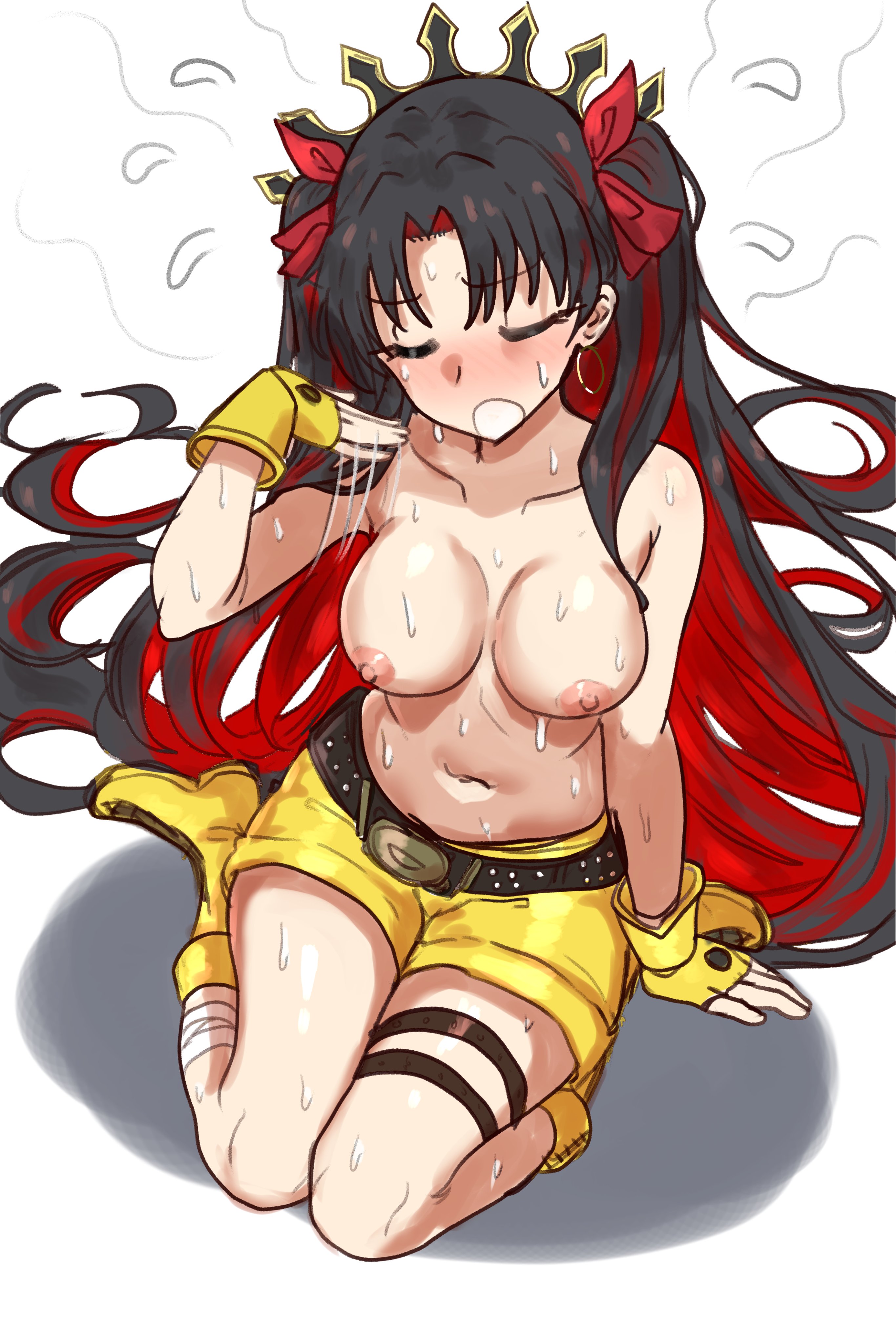 1girls, alternate breast size, black hair, breasts, ebora, fate (series), fate/grand order, female, hi res, ishtar (fate), light skin, light-skinned female, long hair, medium breasts, nipples, red hair, space ishtar (fate/grand order), sweat, sweaty body, topless, two-tone hair, youngmanisdown