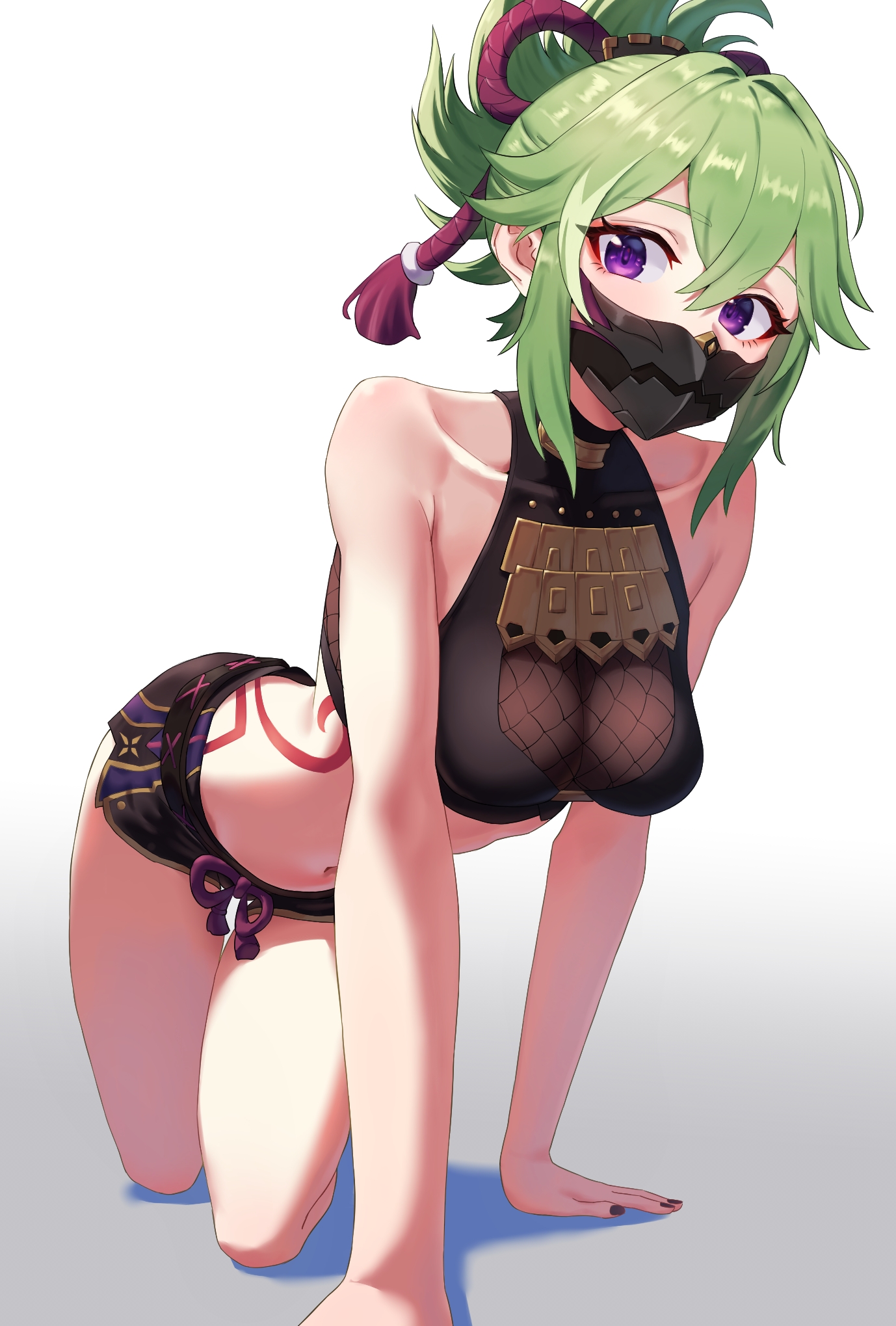 1girls, all fours, bent over, breasts, cleavage, clothing, female, fishnet shirt, genshin impact, green hair, kuki shinobu, mask, midriff, ninja, ponytail, purple eyes, shorts, skimpy, skimpy clothes, small breasts, solo