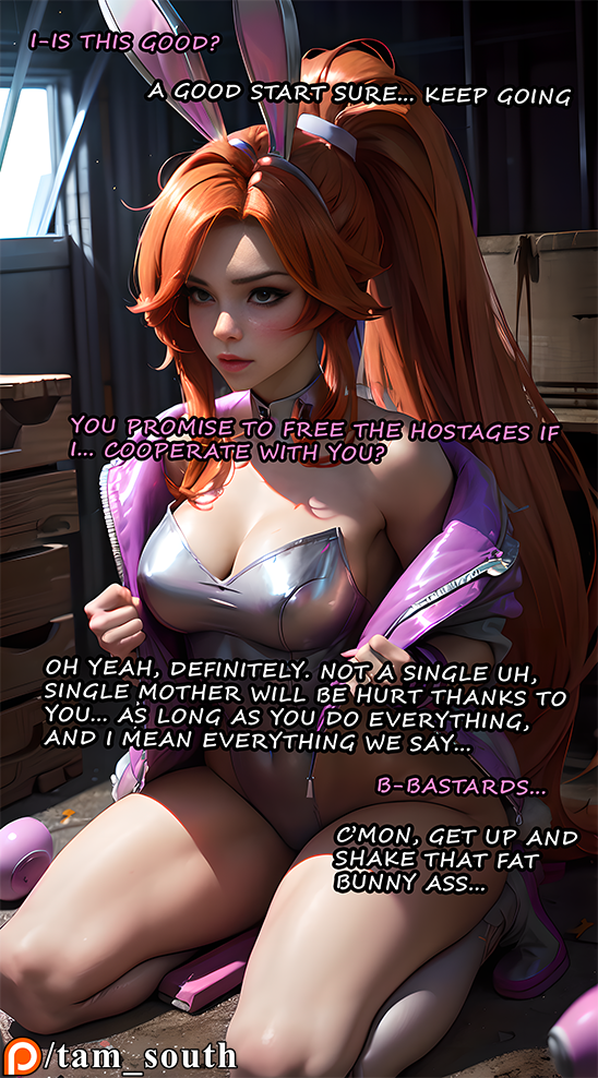 ai_generated anima_squad_series battle_bunny_miss_fortune battle_bunny_series begging bodysuit bunny_ears bunnysuit dialogue english_text kidnapped large_breasts league_of_legends miss_fortune orange_hair ponytail sarah_fortune stuck tam_south text thick_thighs thighhighs underwear