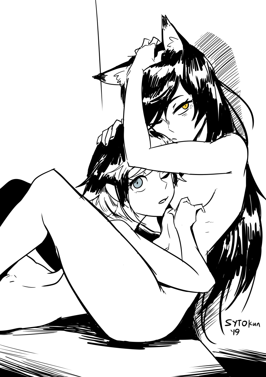2019, 2girls, animal ears, blake belladonna, breasts, cat ears, catgirl, convenient censoring, digital drawing (artwork), faunus, female focus, female only, fully nude, hand on head, kemonomimi, long hair, medium breasts, monochrome, on bed, on top of another, one eye closed, one eye open, ruby rose, rwby, short hair, silver eyes, sketch, source, sytokun, tagme, tasteful nudity, thighs, toned, toned female, toned stomach, yellow eyes, yuri