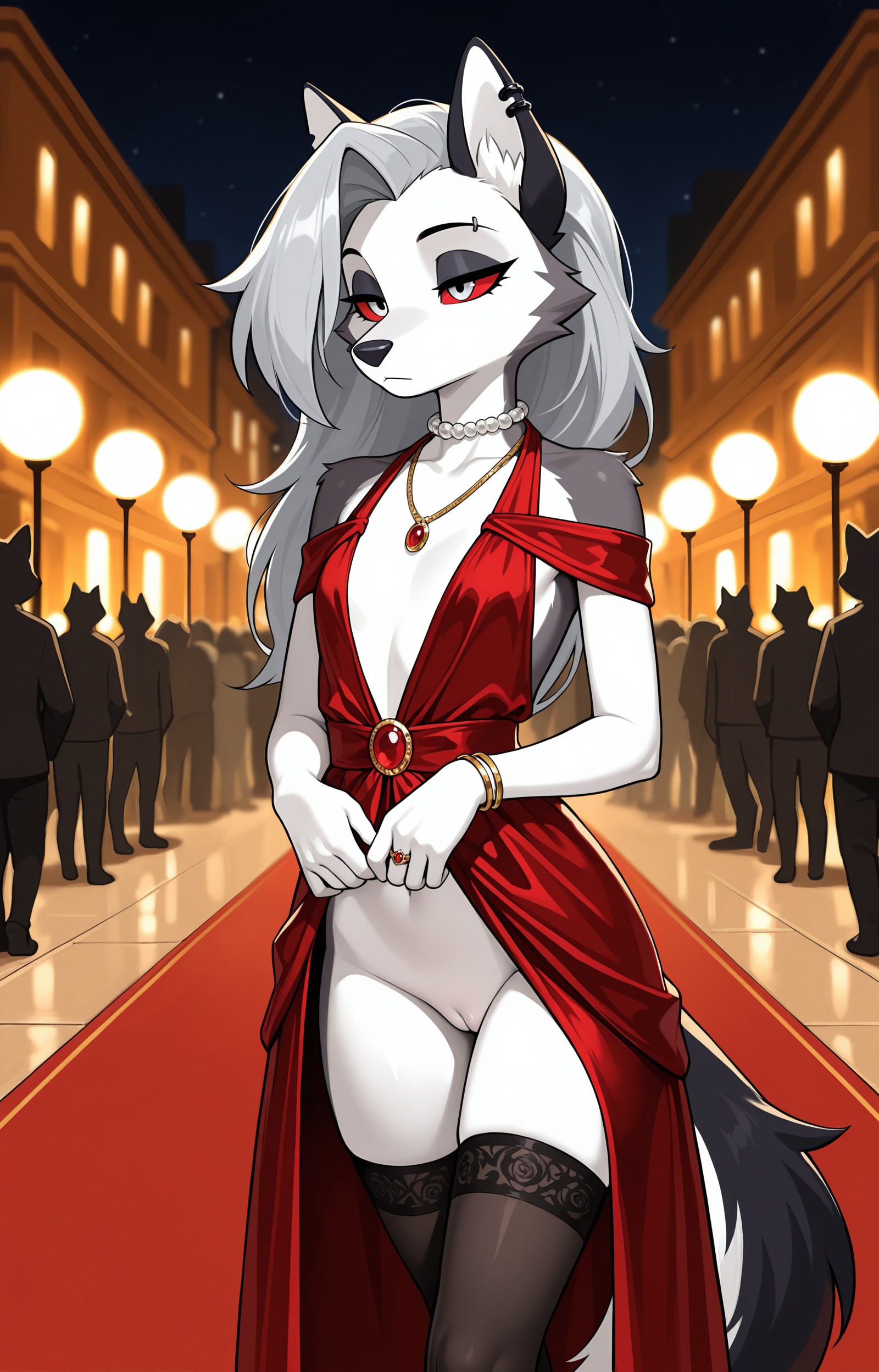 1girls, 2026, ai generated, anthro, bare shoulders, bracelet, canine, choker, crowd, dress, dress lift, ear piercing, eyebrow piercing, eyeliner, eyeshadow, fancy clothing, female, female only, flat chest, grey eyes, grey fur, grey hair, half-closed eyes, hellhound, helluva boss, hi res, inner ear fluff, innie pussy, jewelry, long hair, loona (helluva boss), necklace, night, pussy, red carpet, silver eyes, silver hair, thighhighs, walking, white fur, zonoya (artist)
