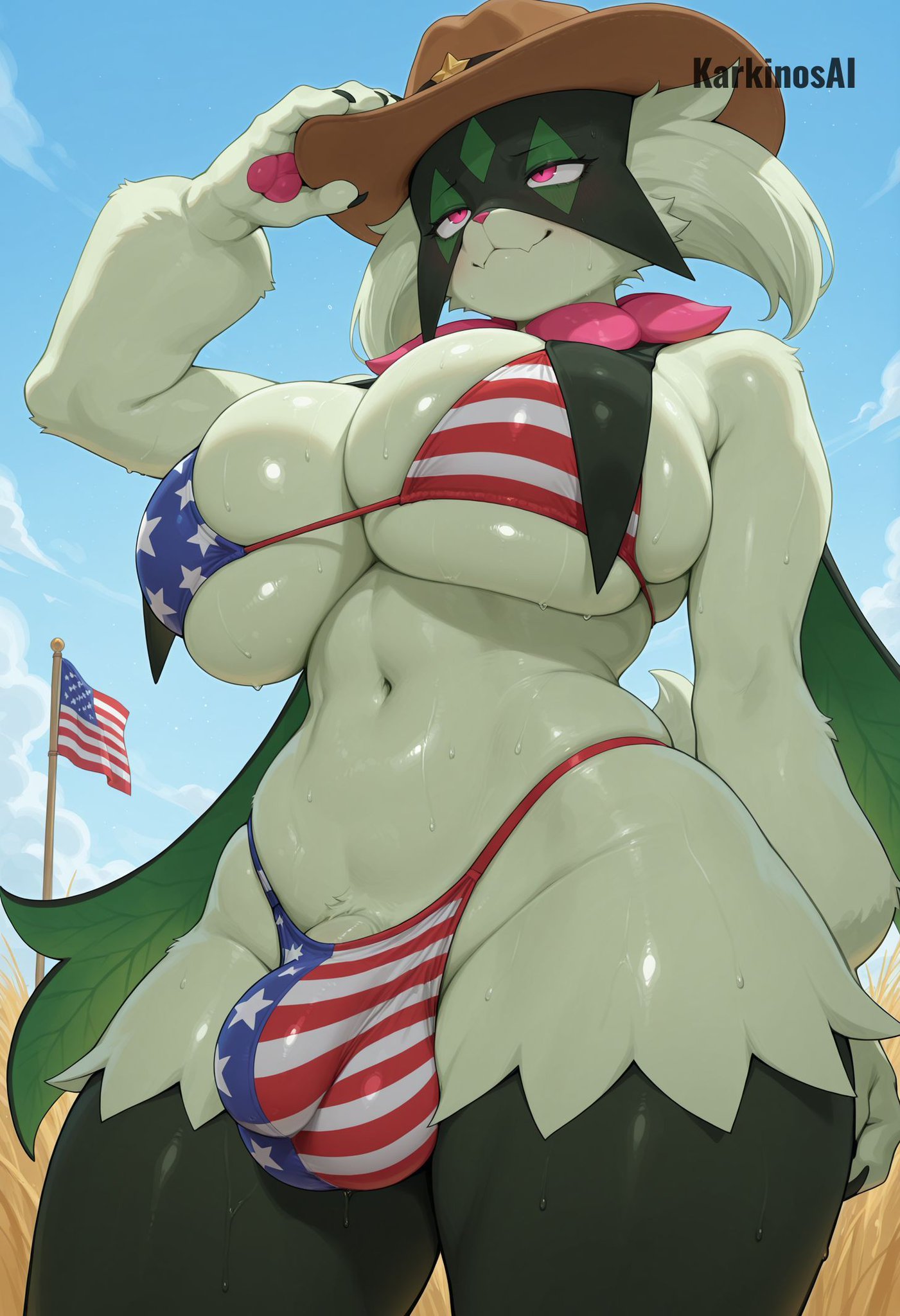 1futa, 1futanari, 2026, 2026s, 2d, ai, ai art, ai assisted, ai generated, ai-created, american flag bikini, anthro, anthro futa, anthrofied, artist name, balls, bedroom eyes, belly button, big breasts, bikini, blue sky, breasts, bulge, camel toe, cameltoe, cat futa, claws, clothing, cloud, clouds, cowboy hat, creatures (company), day, daytime, detailed background, digital media (artwork), eyebrows, eyelashes, fang, fang out, felid, feline, felis, finger claws, flag, flag (object), fur, furry, furry futa, furry only, futa, futa anthro, futa focus, futa only, futadom, futanari, game freak, gen 9 pokemon, generation 9 pokemon, genitals, gigantic breasts, glass, green body, green fur, green tail, half-closed eyes, hat, headgear, headwear, hi res, high quality, high resolution, highres, huge breasts, illustrious (stable diffusion), intersex, karkinosai, large breasts, looking at viewer, looking away, mammal, markings, mask, meowscarada, narrowed eyes, navel, nintendo, penis, pink eyes, pokémon (species), pokemon, pokemon (creature), pokemon (franchise), pokemon (game), pokemon (species), pokemon scarlet & violet, pokemon scarlet and violet, pokemon sv, pokemorph, pony diffusion (model), pony diffusion xl, rural, self upload, sky, smile, smiling, smiling at viewer, solo, solo focus, stable diffusion, standing, stars and stripes, sweat, sweatdrop, sweatdrop on breasts, sweatdrops, sweatdrops on breasts, tail, teeth, testicles, thick thighs, thighs, tree, trees, two-piece swimsuit, united states of america, video games, wide hips