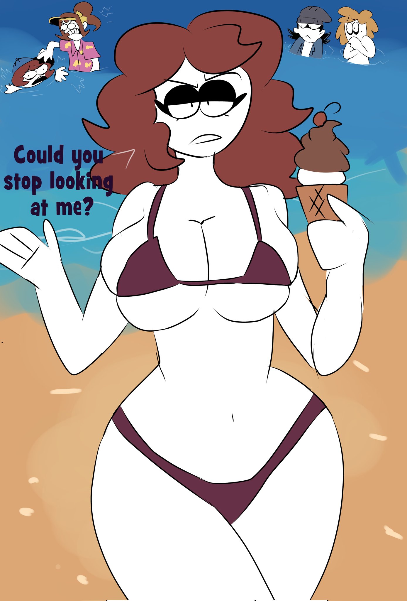 2d, 2d (artwork), 2d artwork, annoyed, annoyed expression, ass, background characters, beach, beach background, big breasts, bikini, breasts, carmen (spooky month), holding ice cream, ice cream, looking at viewer, midriff, milf, question, skimpy bikini, spooky month, tagme, text, thick hips, water