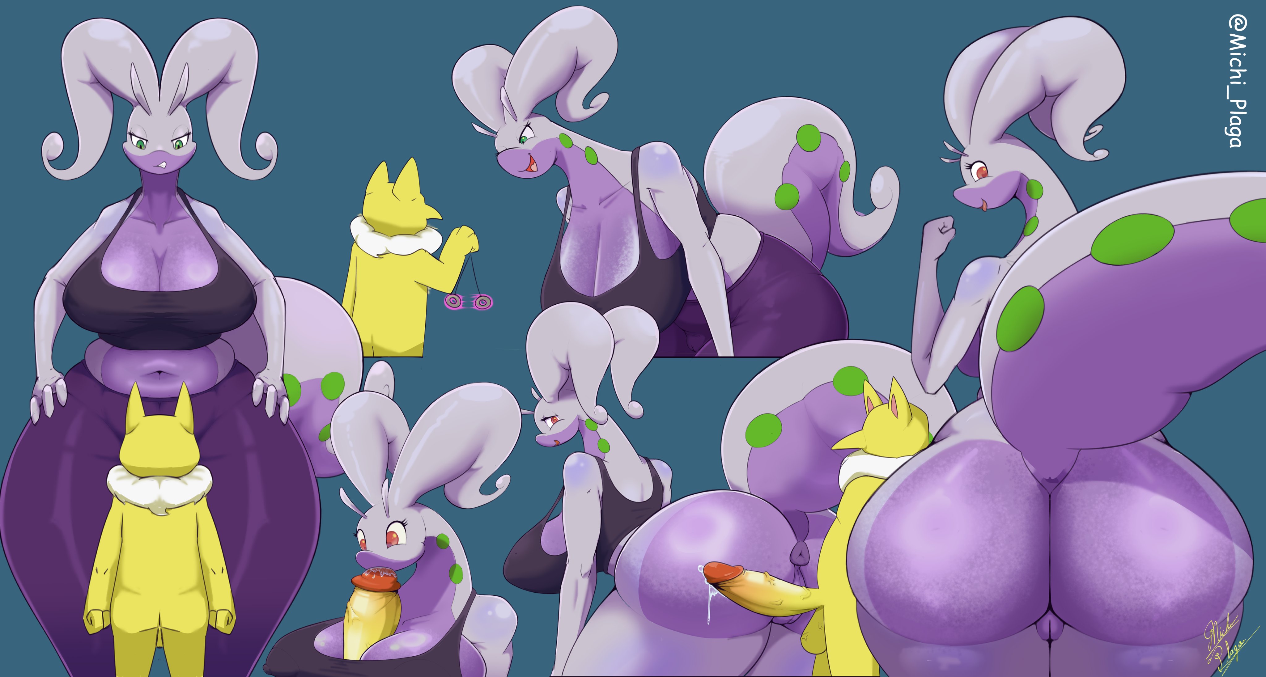 1boy, 1girls, 2025, absurd res, anthro, anus, ass, big ass, big breasts, big thighs, bigger female, brown eyes, cleavage, fellatio, female, generation 1 pokemon, generation 6 pokemon, goodra, green eyes, heart-shaped pupils, height difference, huge ass, huge breasts, hypno, hypnosis, large ass, large thighs, leggings, male, michi plaga, nintendo, nude, oral, paizuri fellatio, paizuri under clothes, penis, penis between breasts, pokemon, pokemon (species), pussy, simple background, smile, tank top, thick ass, thick thighs, wide hips