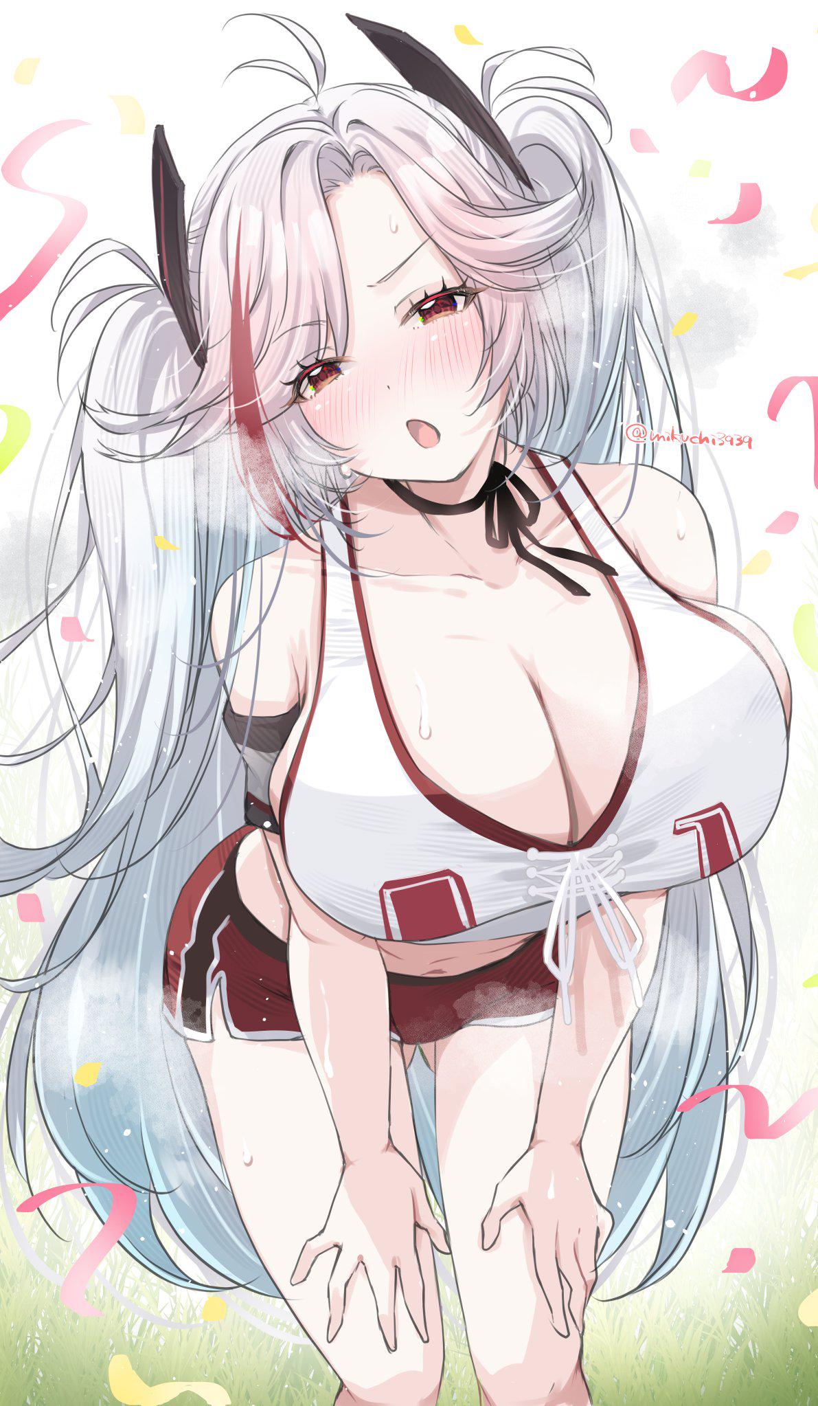 alternate costume, antenna hair, azur lane, bangs, bare shoulders, black choker, black ribbon, blush, breasts, choker, cleavage, collarbone, eyebrows visible through hair, female, headgear, huge breasts, large breasts, leaning forward, long hair, looking at viewer, midriff, mole on breast, multicolored hair, navel, open mouth, orange eyes, prinz eugen (azur lane), prinz eugen (brilliant touchdown) (azur lane), red eyes, red hair, ribbon, shirt, short shorts, shorts, solo, sportswear, streaked hair, sweat, tank top, thighs, twintails, twitter username, two side up, two-tone hair, very long hair, white hair