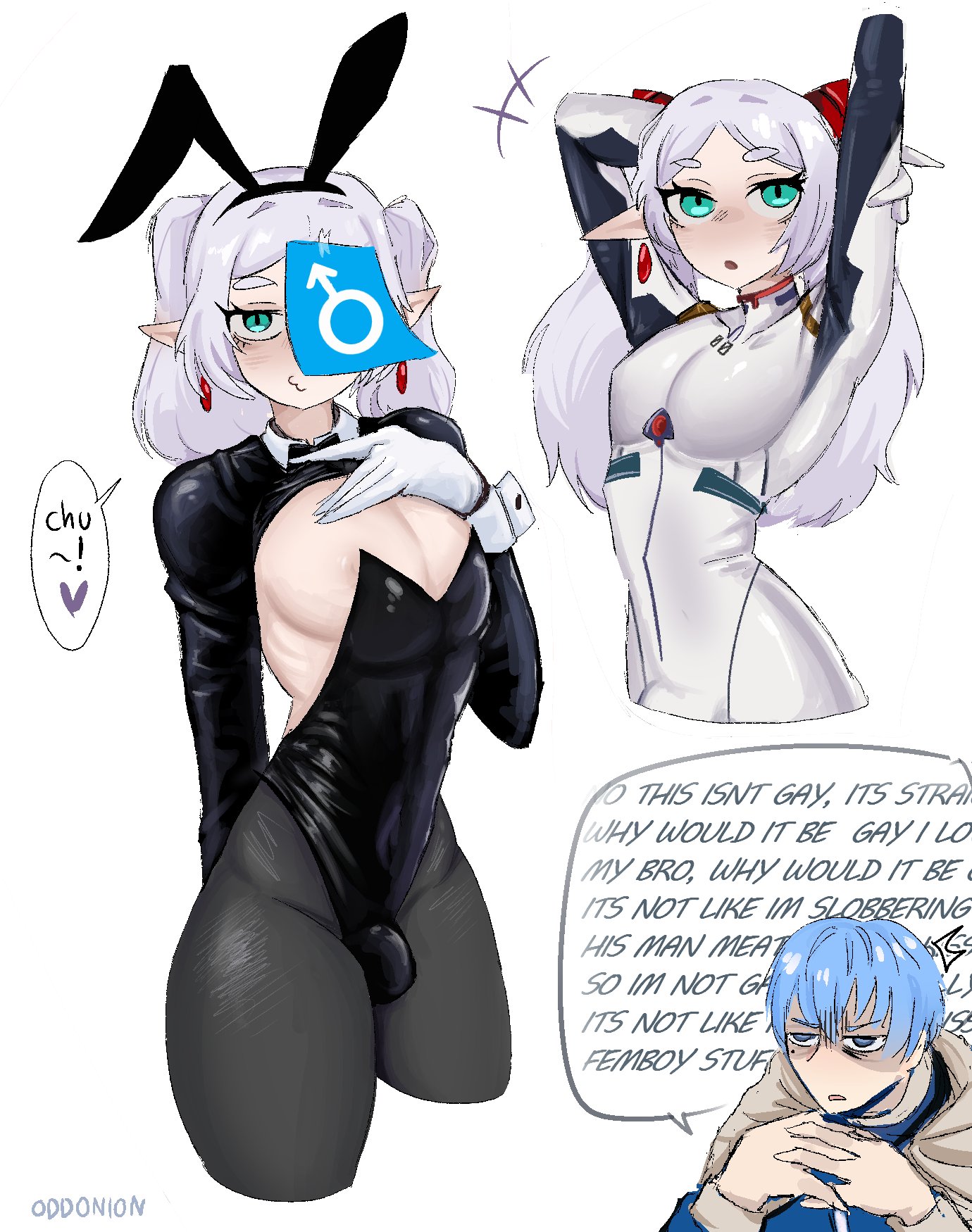 2boys, bulge, bunnysuit, cosplay, elf, femboy, frieren, frieren beyond journey's end, genderswap, genderswap (ftm), himmel (sousou no frieren), male frieren, male only, male/male, odd onion, rule 63, trap