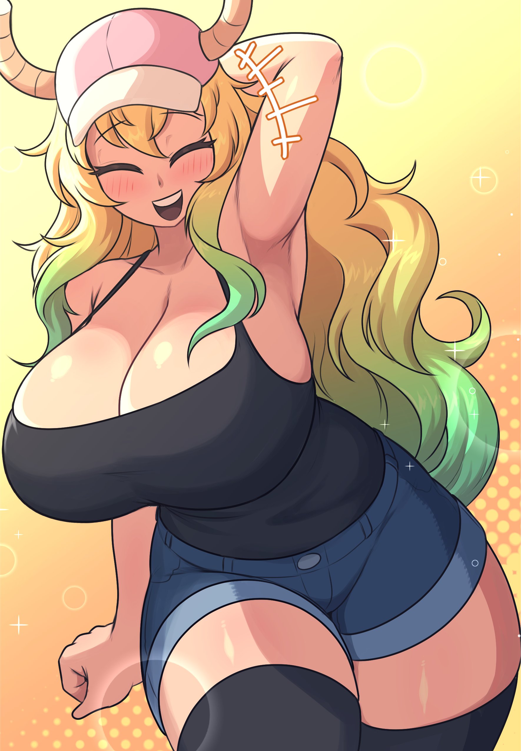 1girls, armpits, baseball cap, black skirt, boobs bigger than head, breasts, breasts bigger than head, child bearing hips, cleavage, closed eyes, closed eyes smile, curvaceous, curvy, curvy female, curvy figure, digital drawing (artwork), digital media (artwork), dragon horns, dragon maid, female, female only, hand behind head, hat, horns, hourglass figure, hourglass figured female, huge breasts, jean shorts, jpg, kobayashi-san chi no maidragon, littlej (zi19191), lucoa, lucoa (maidragon), massive breasts, miss kobayashi's dragon maid, multicolored hair, quetzalcoatl (dragon maid), shiny, shiny clothes, shiny hair, shiny skin, simple background, smile, smiling, solo, solo female, sparkles, thick legs, thighhighs, thighs, twitter link, two-tone background, voluptuous, voluptuous body, voluptuous female, wide hips
