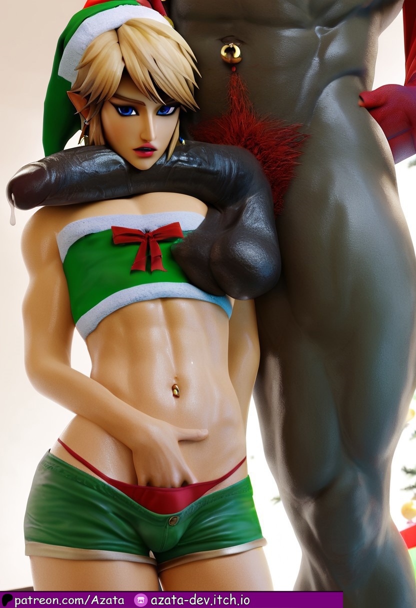 1boy, 1femboy, absurdly large cock, ai generated, anal plug, anus focus, azataai, breath of the wild, christmas, christmas outfit, cum, cum leaking out of anus, dark-skinned male, elf ears, elf male, erect nipples, erection, femboy, foreskin, gay, in love with viewer, link, male, male focus, male only, nipples, open mouth, pale-skinned femboy, penis, shy, solo, solo focus, solo male, the legend of zelda, twink, uncensored, uncircumcised, uncircumcised futa