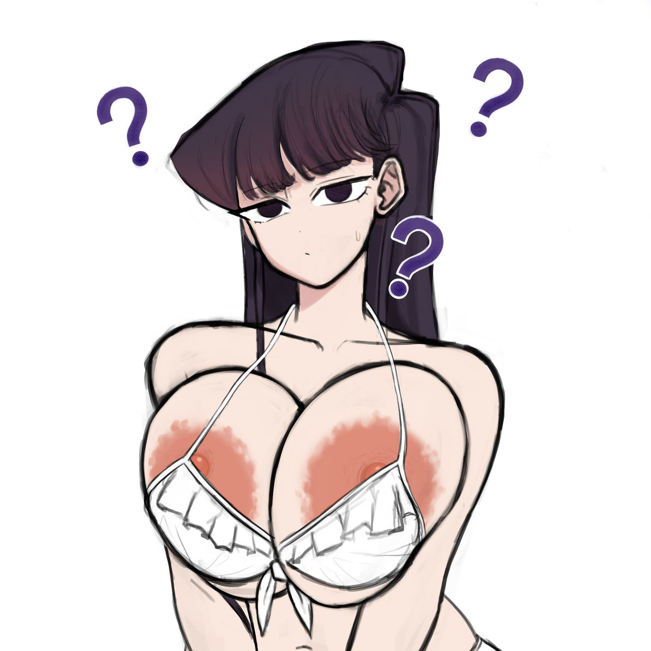 1girls, aerolae, belly, big areola, big breasts, breasts, clavicle, female, female focus, female only, giant breasts, komi can't communicate, komi shouko, komi-san wa komyushou desu, long hair, looking at viewer, massive breasts, purple eyes, purple hair, question mark, serious, serious face, serious look, sweating, voluptuous