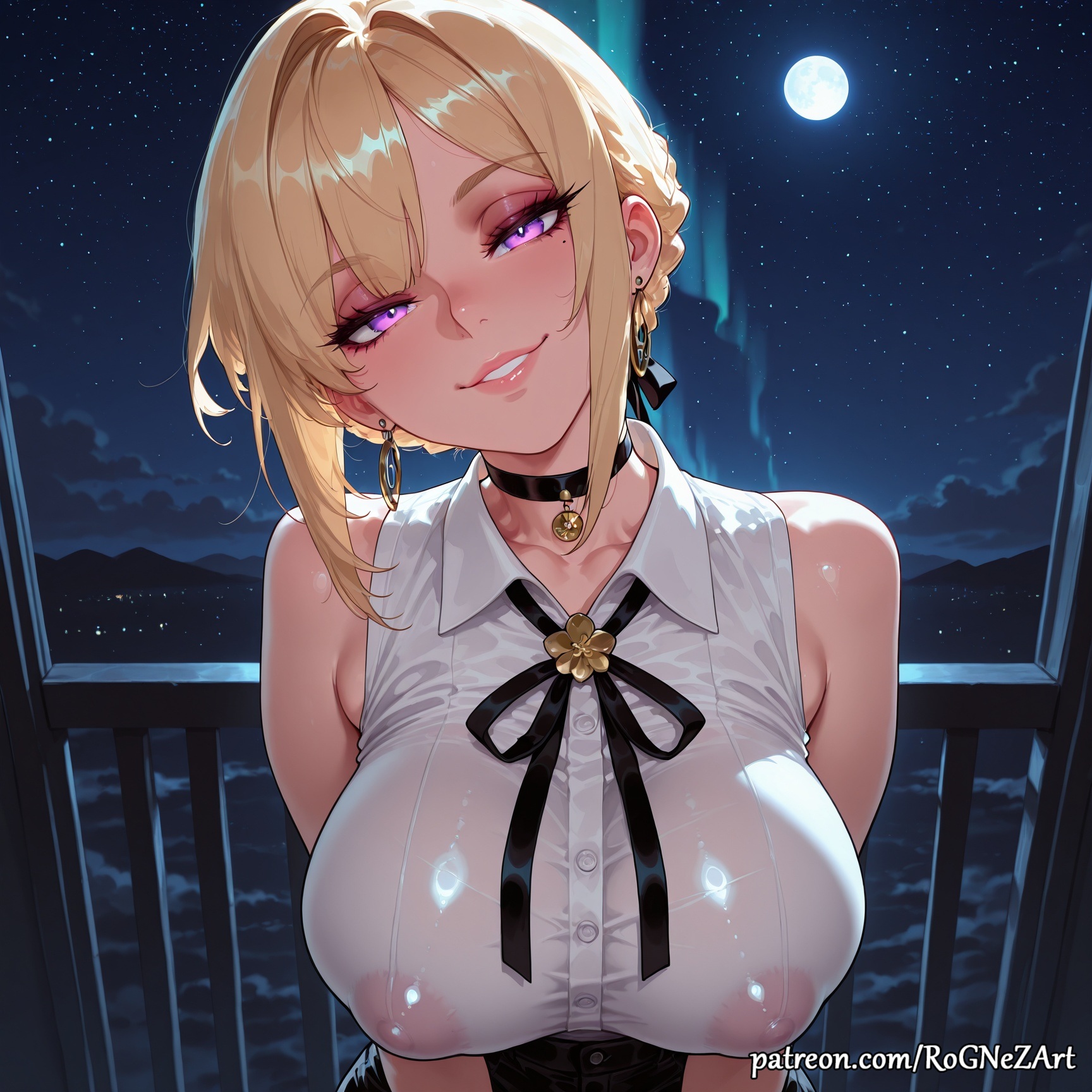 2025, ai generated, anime, bangs, bare shoulders, black choker, black ribbon, blonde hair, blush, braid, braided hair, breasts, choker, cleavage, collarbone, covered nipples, crossover, earrings, evelyn chevalier, exposed nipples, eye contact, female, female focus, female only, flushed, full moon, head tilt, highres, hoyoverse, huge breasts, jewelry, large breasts, looking at viewer, mihoyo, mole, mole under eye, moon, night, night sky, nipples, nsfw, parted lips, patreon, purple eyes, ribbon, rognezart, see-through, shirt, short hair, sky, sleeveless, sleeveless shirt, smile, smiling, solo, starry sky, upper body, wet, wet clothes, zenless zone zero