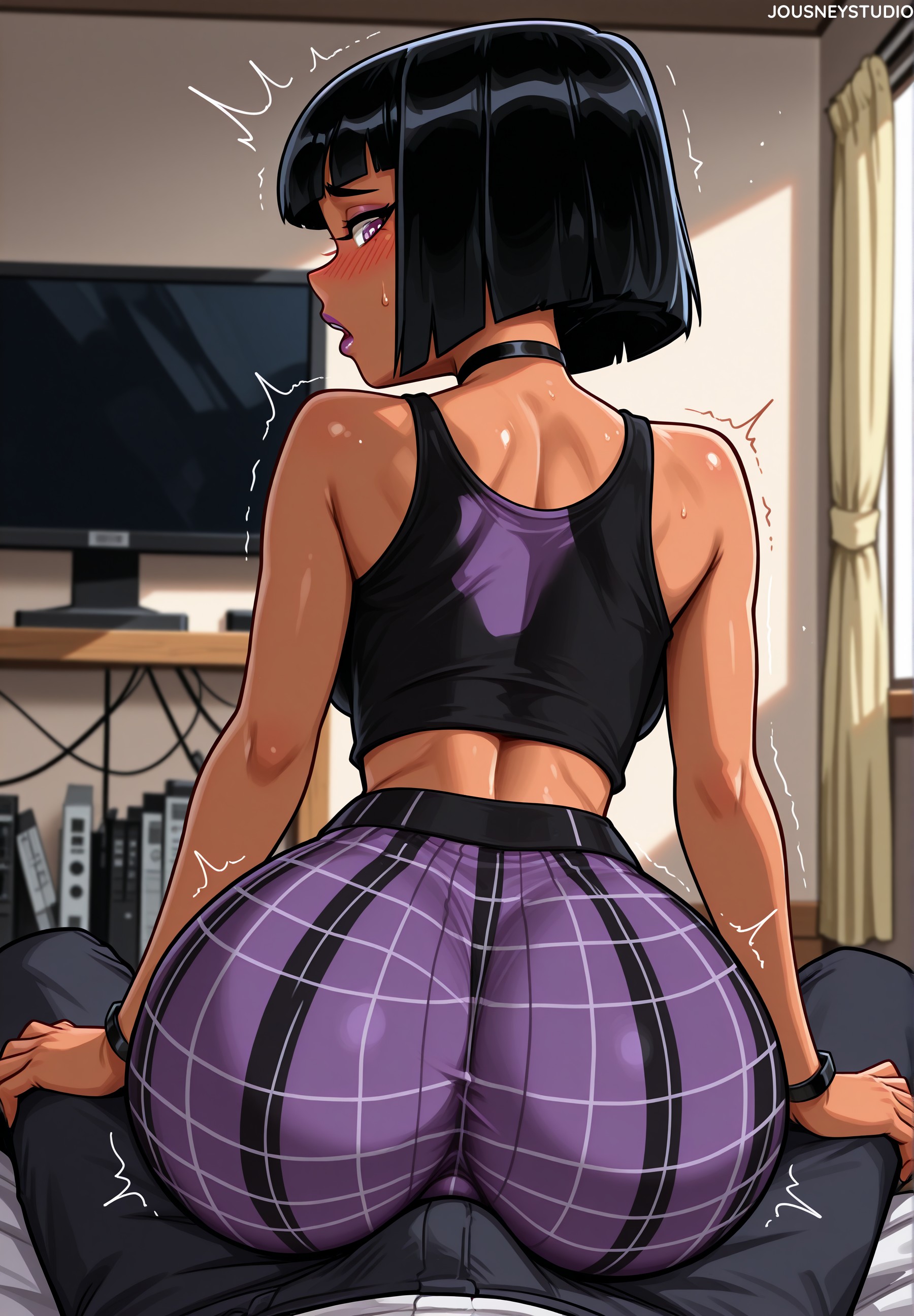 1boy, 1girls, ai generated, artist name, ass, bangs, bare shoulders, black choker, black hair, black pants, black shirt, black sports bra, blunt bangs, blunt ends, blush, bob cut, bookshelf, bracelet, breasts, bulge, buttjob, choker, clothing, crop top, curtains, danny phantom, dark skin, dark-skinned female, erection, erection under clothes, female, from behind, grinding, huge ass, humping, indoors, jousneystudio, lips, looking at viewer, looking back, makeup, male, nickelodeon, nicktoons, nose blush, original, pants, patreon username, purple eyes, purple lips, purple pants, sam manson, shirt, short hair, sitting, sitting on lap, sitting on person, sleeveless, solo focus, sports bra, straddling, straight, studded choker, sweat, television, trembling, yoga pants
