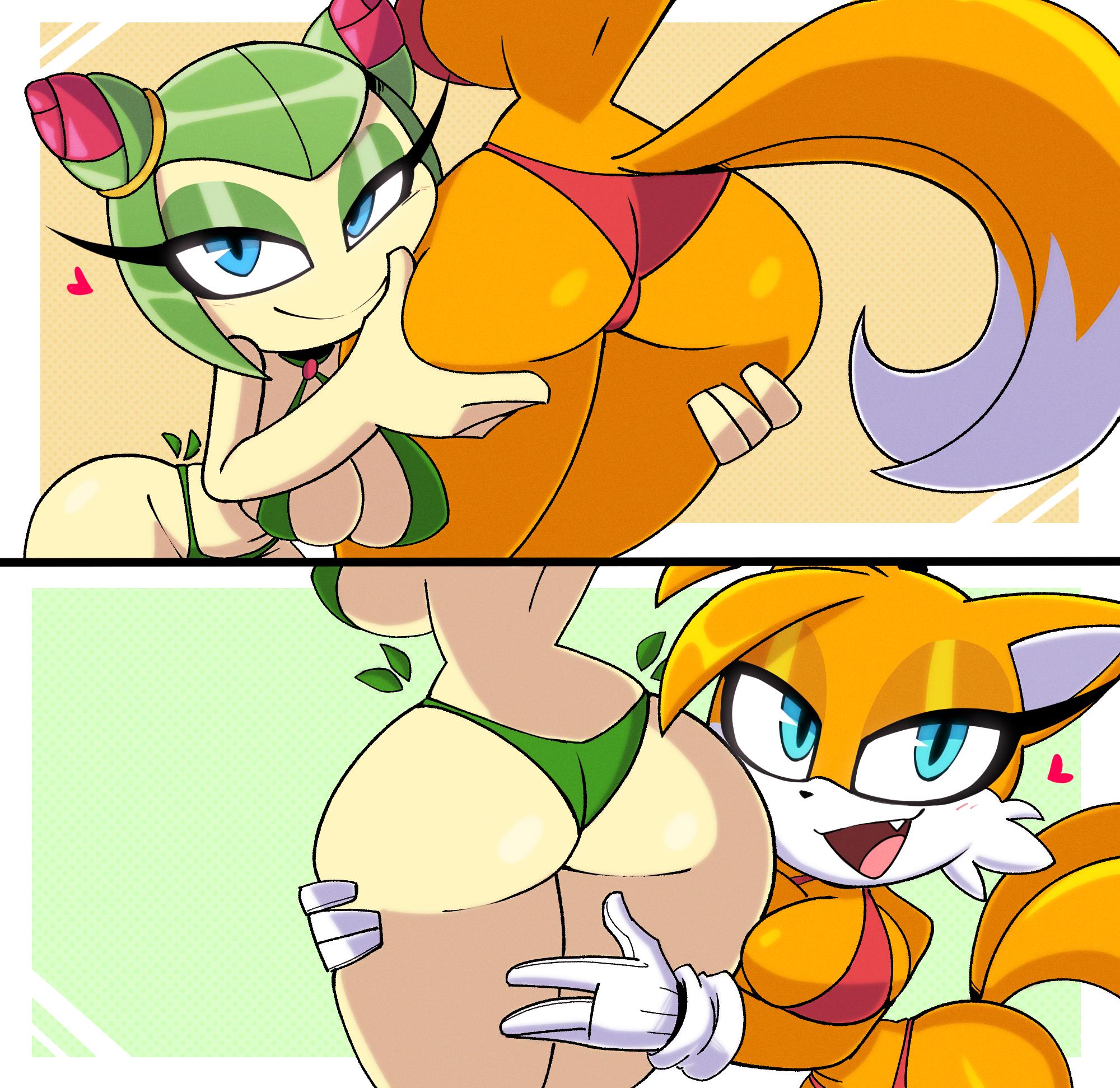 2d, 2d (artwork), 2girls, 4kids entertainment, alien, alien girl, alien humanoid, anthro, anthro female, ass focus, ass grab, assisted presentation, bikini, bikini bottom, bikini top, blue eyes, breasts, cosmo the seedrian, elemental creature, eyelashes, eyeliner, eyeshadow, female, female only, female/female, flora fauna, fox, fox girl, furry, furry female, genderswap (mtf), gloves, green hair, heart, hourglass figured female, looking at viewer, male to female, miles tails prower, nelljoestar, plant girl, plant humanoid, rule 63, seedrian, sega, shameless, skimpy, skimpy bikini, skimpy clothes, sonic (series), sonic the hedgehog (series), sonic x, swimsuit, tail, tails the fox, tailsko, tms entertainment, white body, white skin, yellow fur, yuri