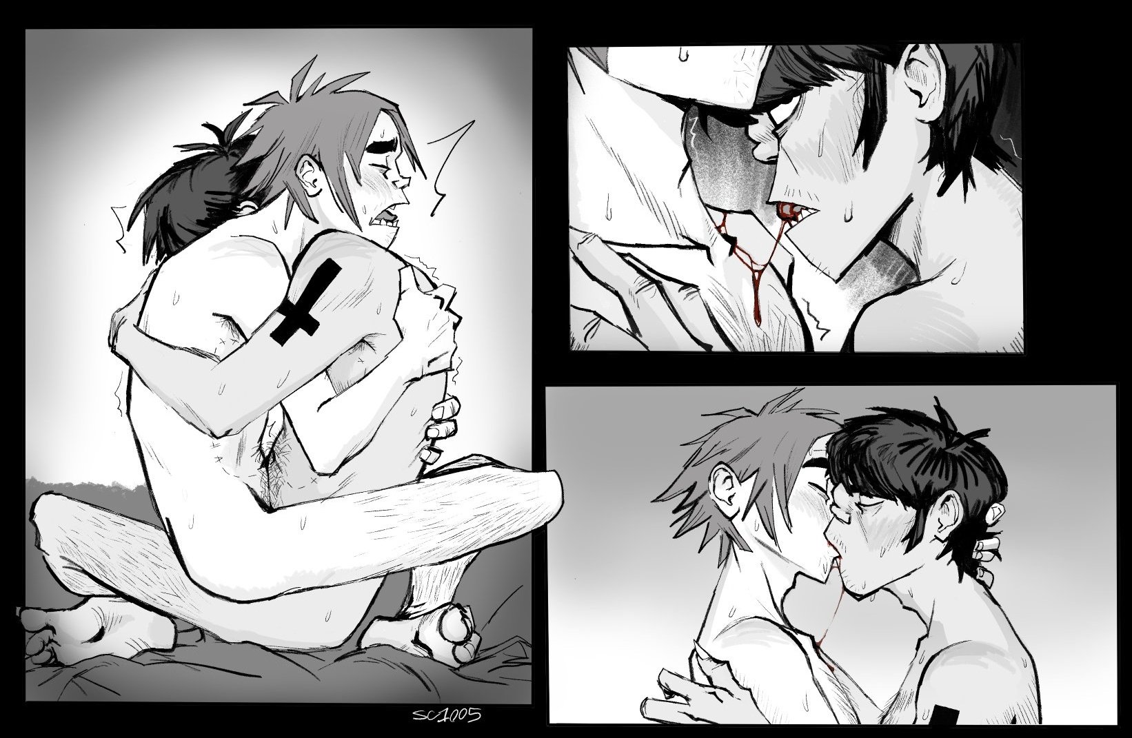 2d (gorillaz), anal, anal insertion, anal sex, blood in mouth, blood on face, gay, gay anal, gay kissing, gay sex, gorillaz, implied penetration, insertion, kissing, kissing while penetrated, male, male focus, male only, male/male, murdoc niccals, penetrated, penetrating, penetration, scaredycat 1005