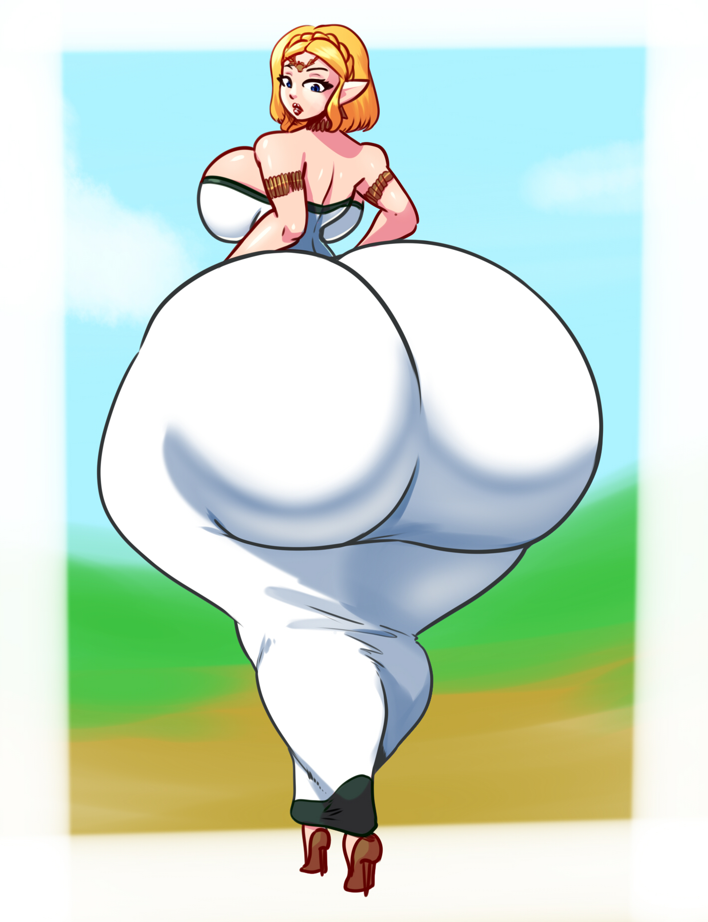1girls, ass focus, digital drawing (artwork), digital media (artwork), form fitting, highres, huge ass, hyper ass, looking back, looking down, nintendo, panchito1234nos, princess zelda, solo, solo female, solo focus, tears of the kingdom, the legend of zelda, twitter link, white dress, zelda (tears of the kingdom)
